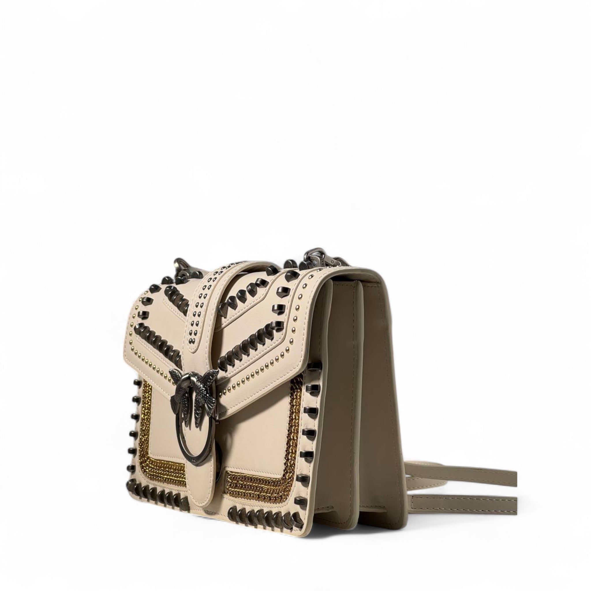 Pinko Love Studded Bag 🤍🖤 – Edgy Elegance with Gunmetal Glam