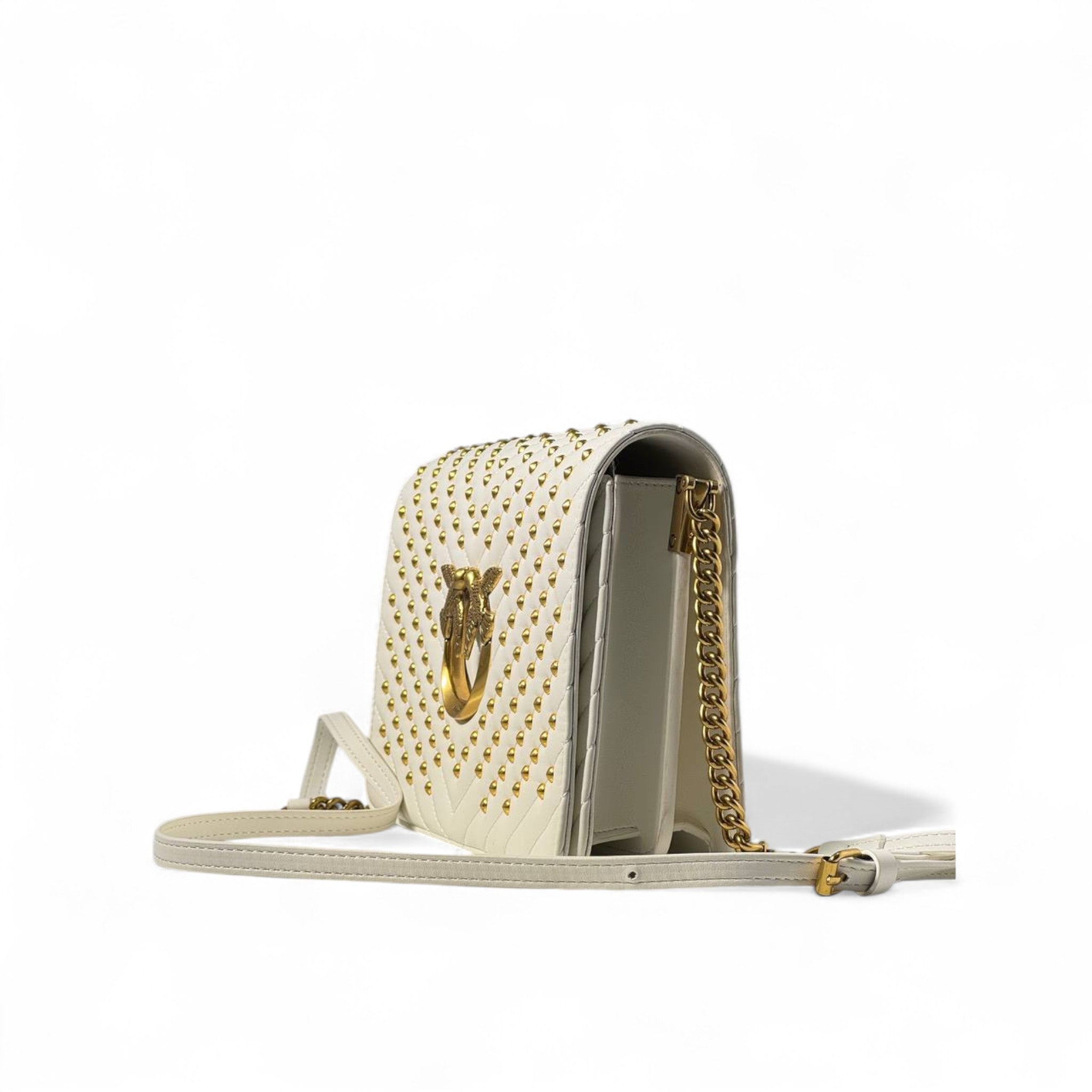 Pinko White Quilted Love Bag 🤍✨ – Golden Glamour in Every Stitch