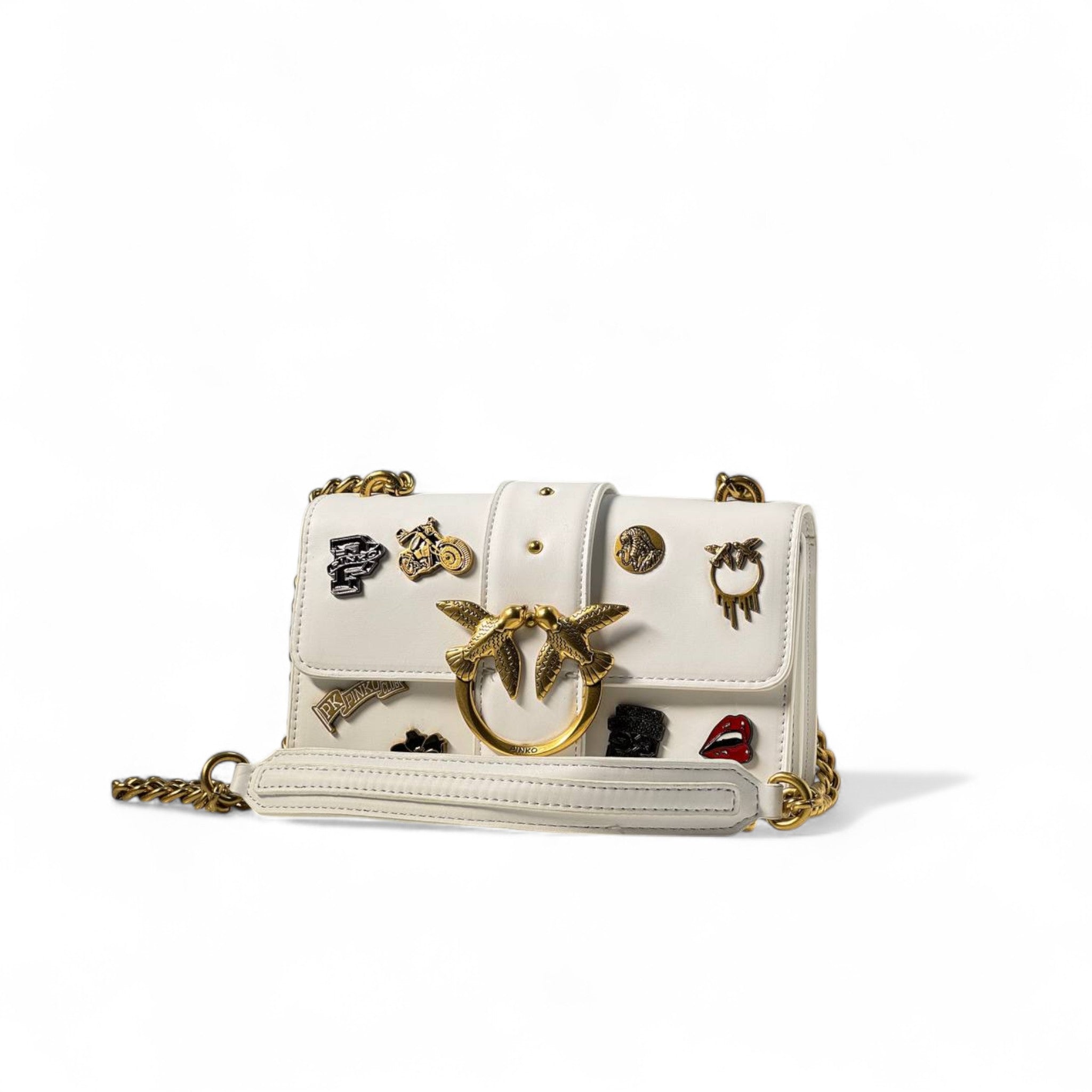 Pinko White Patch Love Bag 🤍🏍️ – Rebel Chic with a Golden Heart