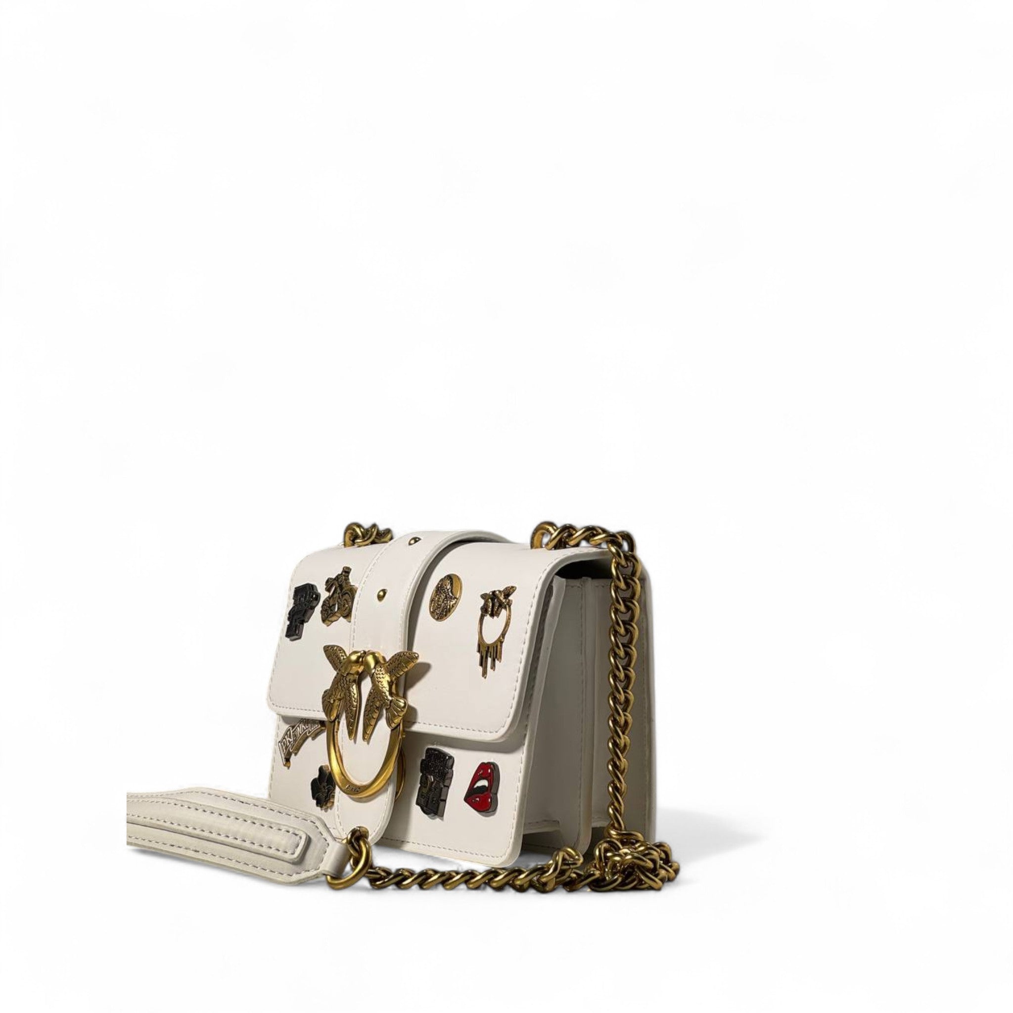 Pinko White Patch Love Bag 🤍🏍️ – Rebel Chic with a Golden Heart