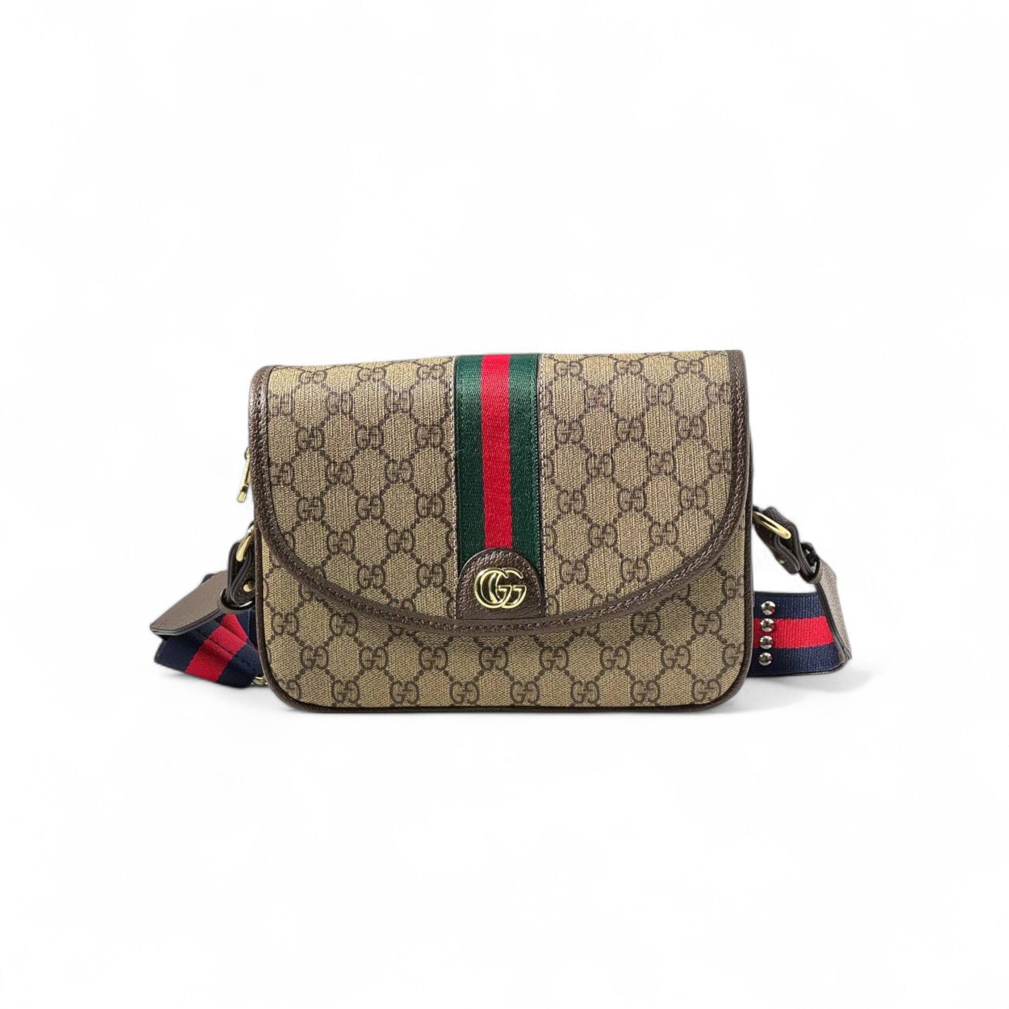 Gucci Ophidia GG Supreme Shoulder Bag – Red & Green Studded Strap 💎🟢🔴