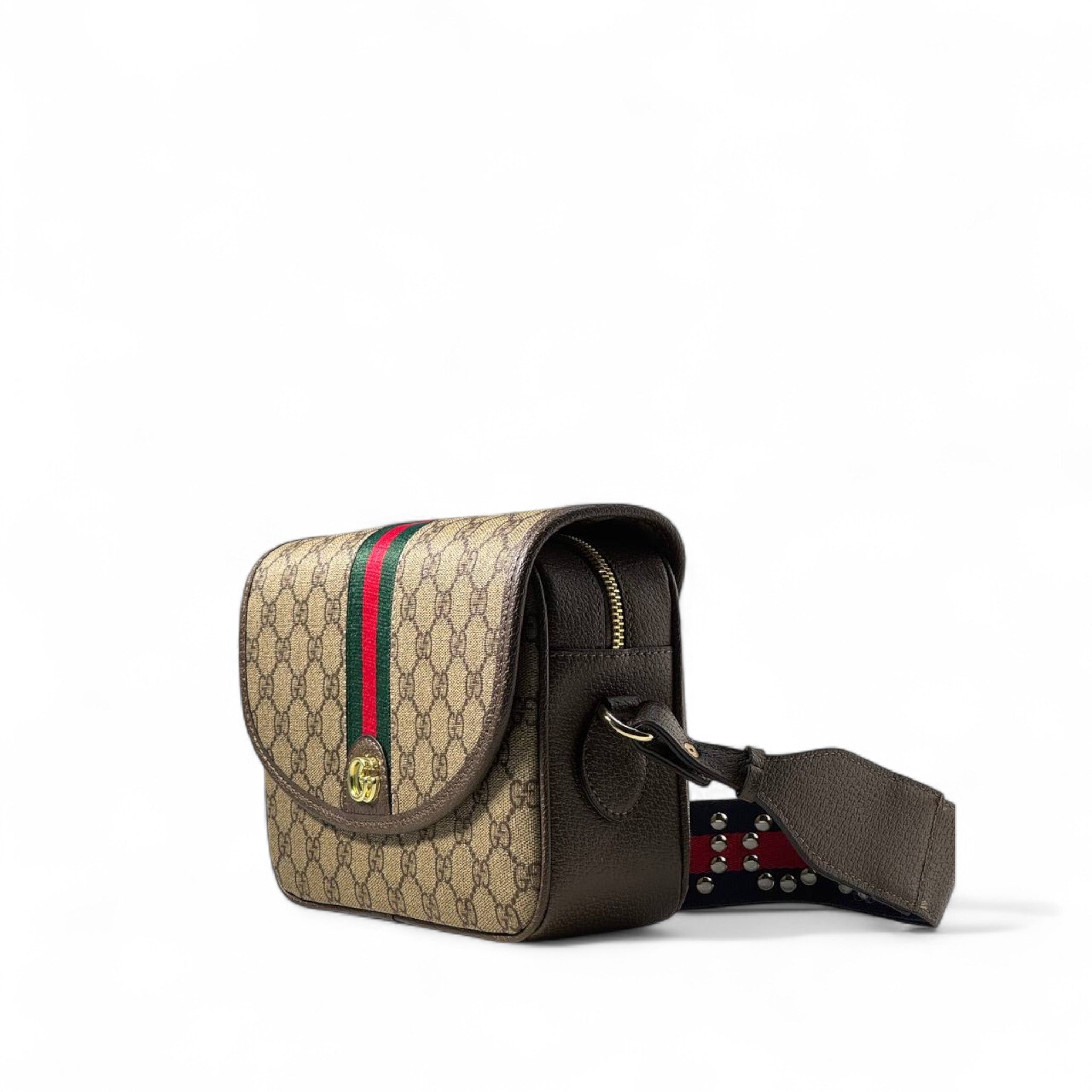 Gucci Ophidia GG Supreme Shoulder Bag – Red & Green Studded Strap 💎🟢🔴