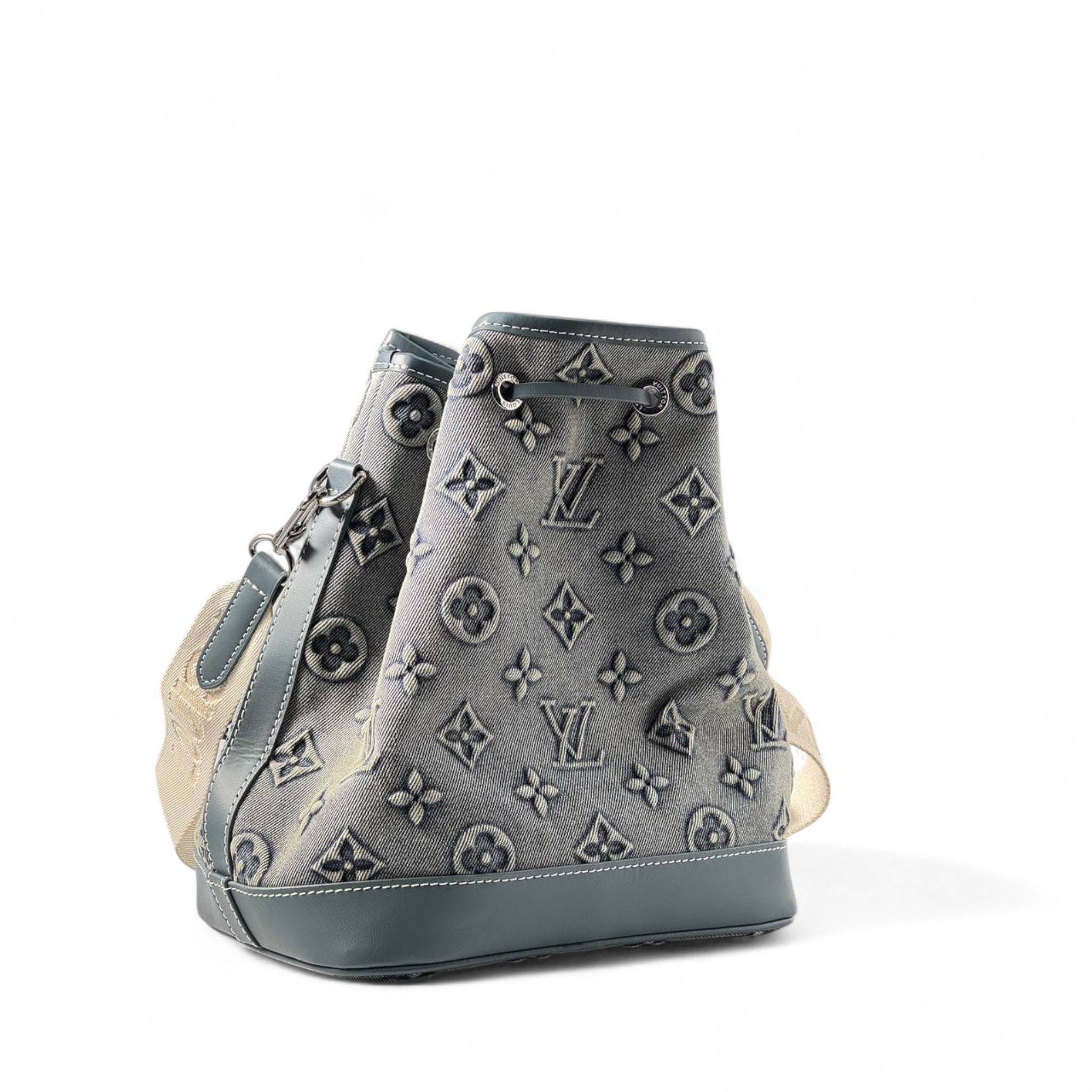 Louis Vuitton Monogram Denim Bucket Backpack – Grey & Blue Leather Trim 🖤🎒