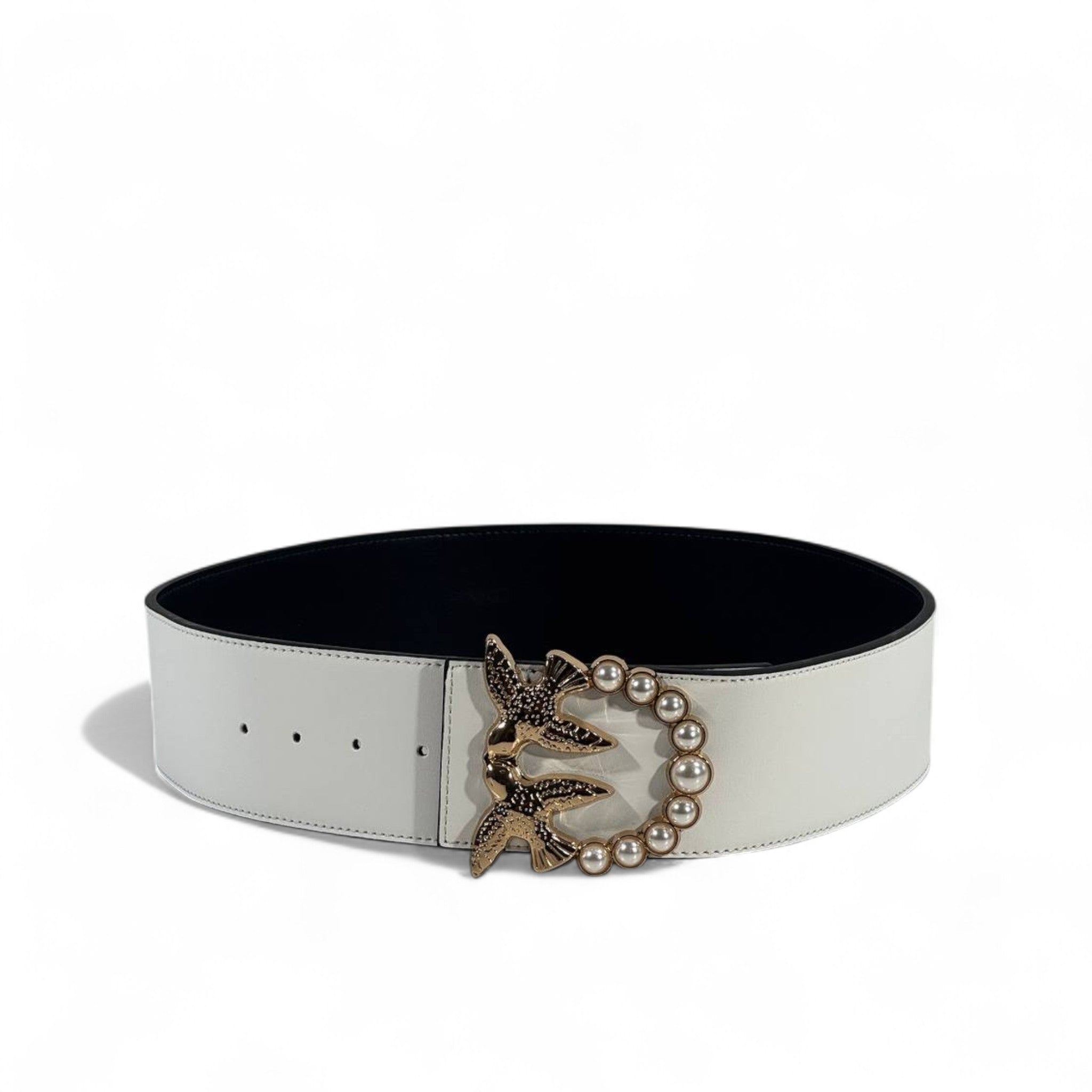 ✨ Pinko Pearl & Swallow Buckle Wide Belt 🤍 – Luxury Statement Accessory (110cm)