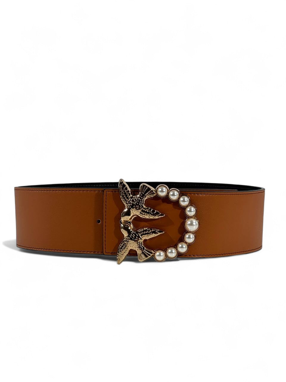 🤎 Pinko Pearl & Swallow Buckle Belt – Brown Leather Luxury Accessory (110cm)