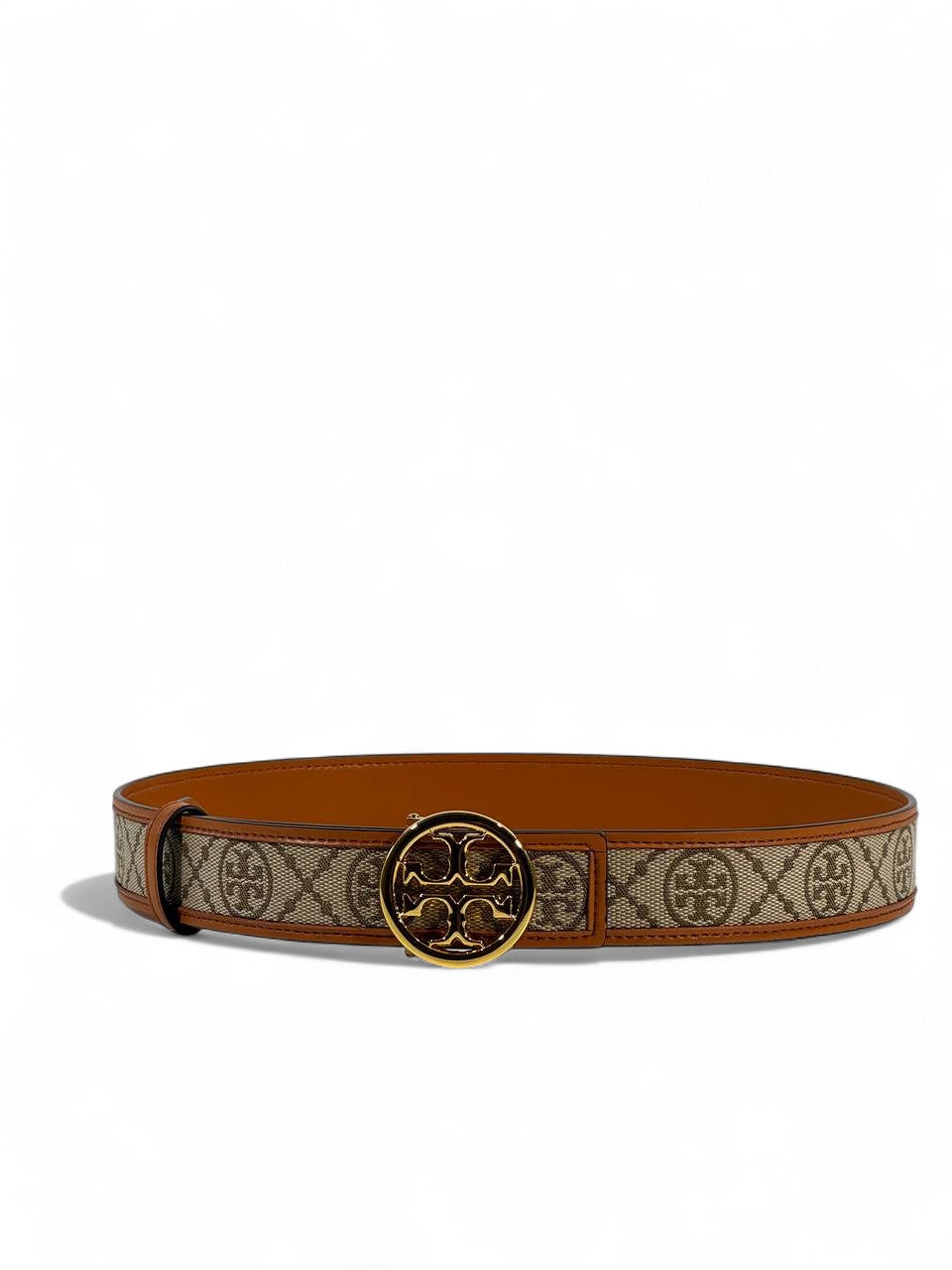 🤎 Tory Burch Monogram Canvas & Leather Belt – Signature Logo Buckle (105cm)