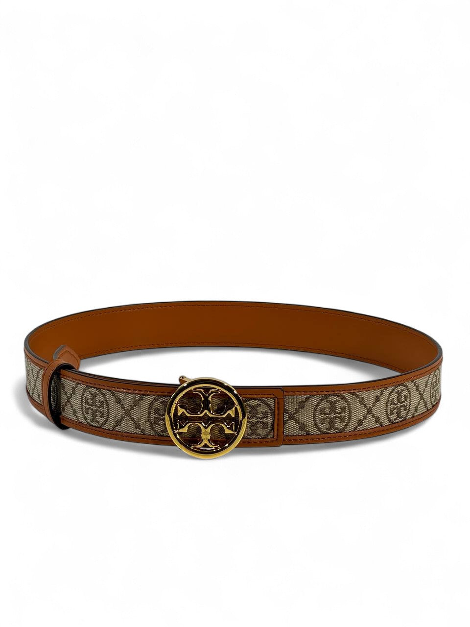 🤎 Tory Burch Monogram Canvas & Leather Belt – Signature Logo Buckle (105cm)