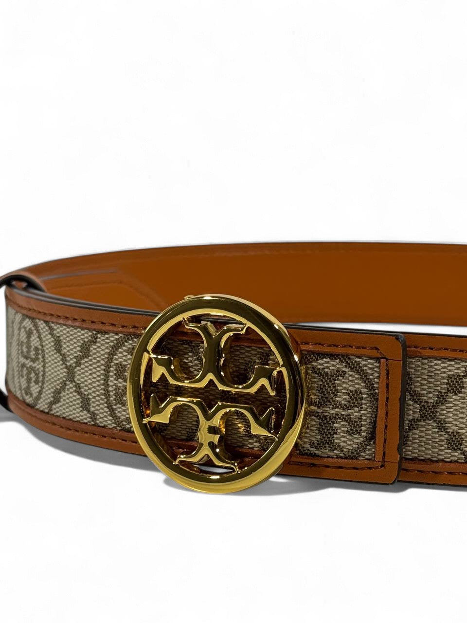 🤎 Tory Burch Monogram Canvas & Leather Belt – Signature Logo Buckle (105cm)