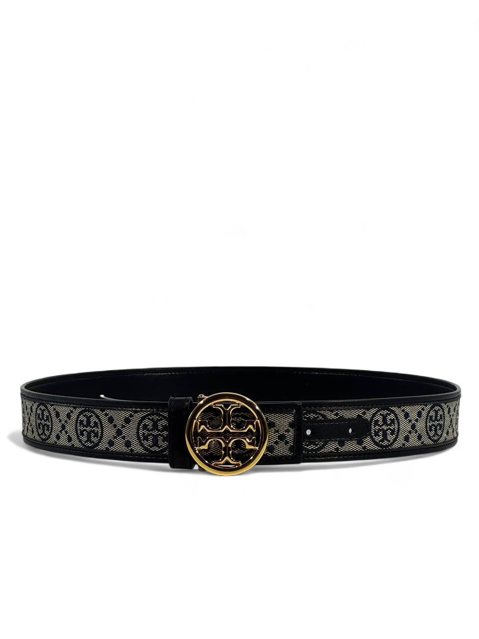 🖤 Tory Burch Monogram Canvas & Black Leather Belt – Gold Logo Buckle (105cm)