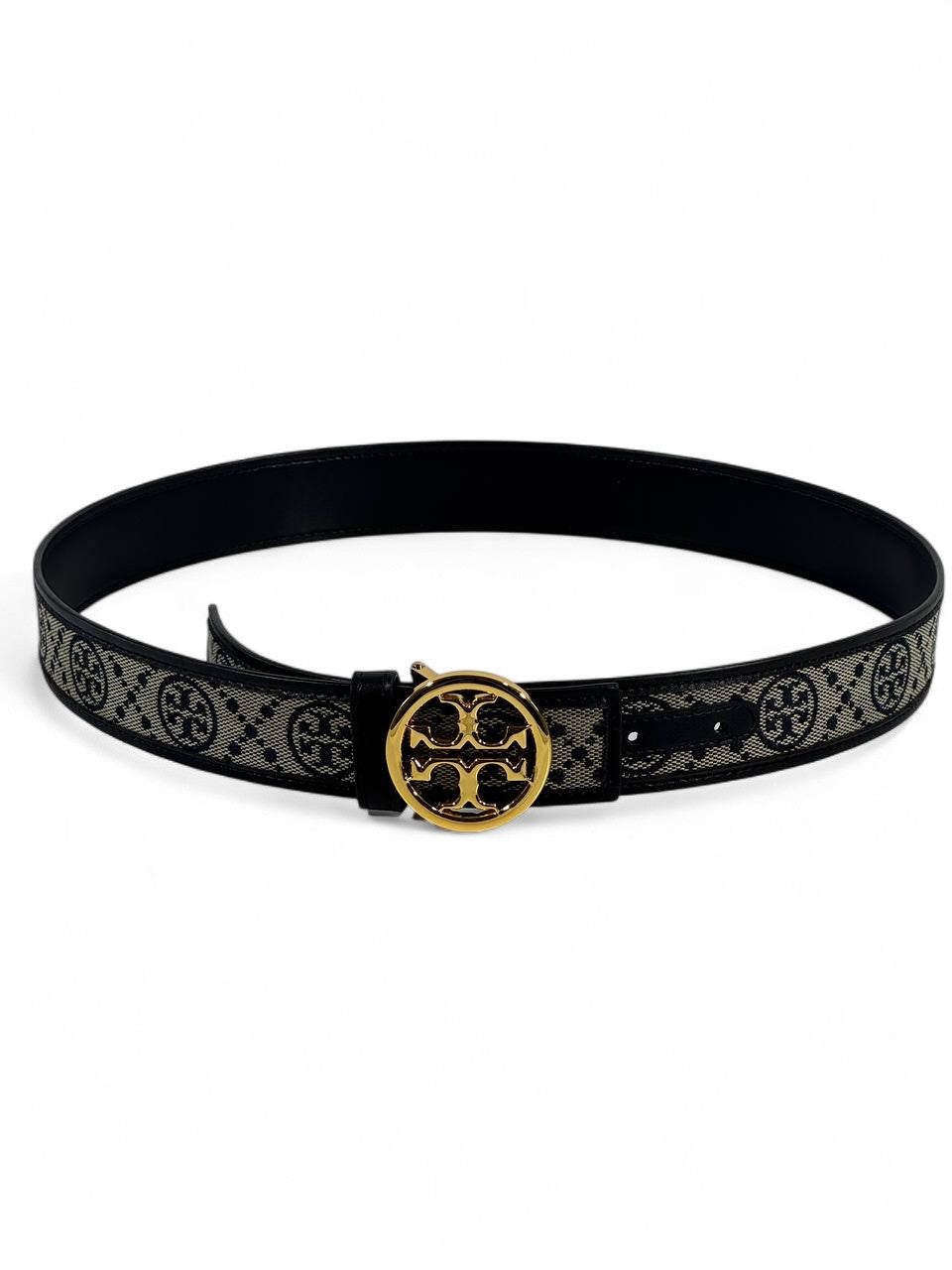 🖤 Tory Burch Monogram Canvas & Black Leather Belt – Gold Logo Buckle (105cm)