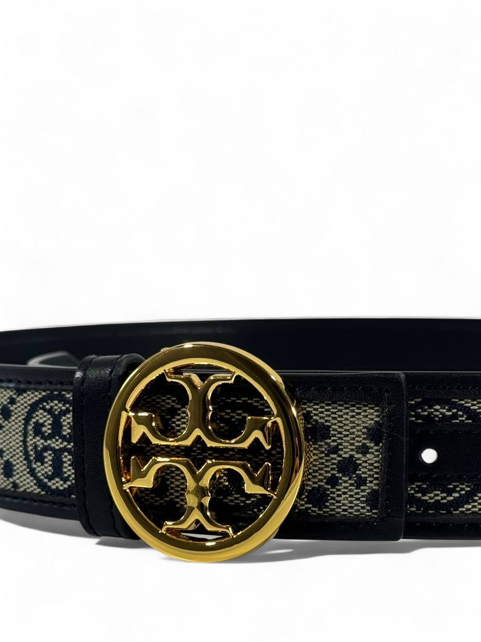 🖤 Tory Burch Monogram Canvas & Black Leather Belt – Gold Logo Buckle (105cm)