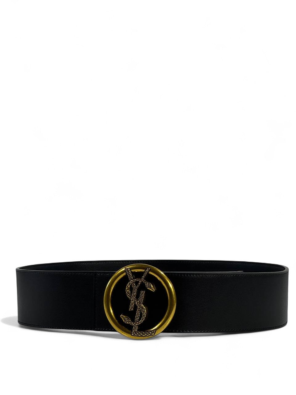 🖤 Saint Laurent Wide Black Leather Belt – Gold Snake YSL Logo Buckle (125cm)