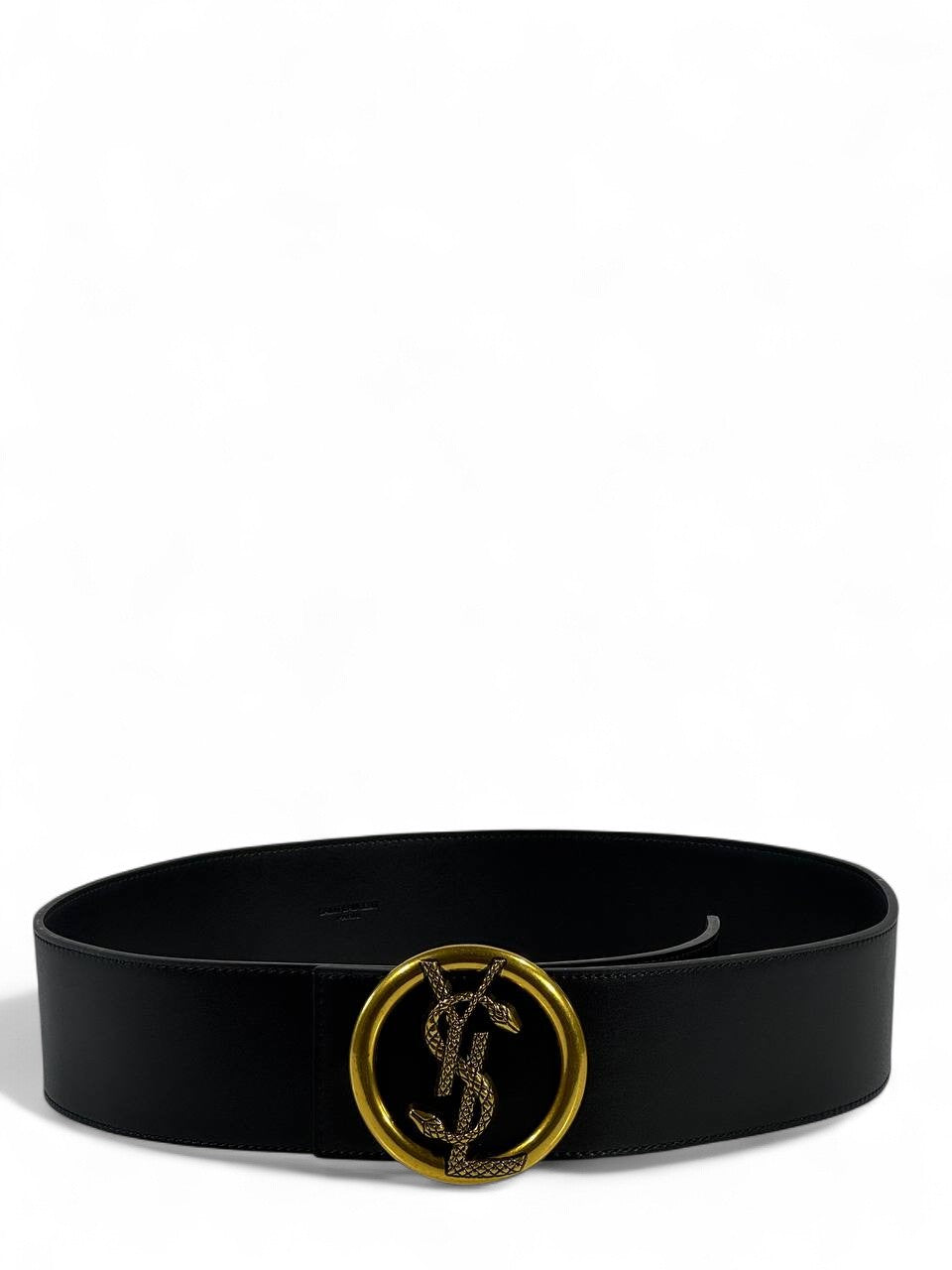 🖤 Saint Laurent Wide Black Leather Belt – Gold Snake YSL Logo Buckle (125cm)