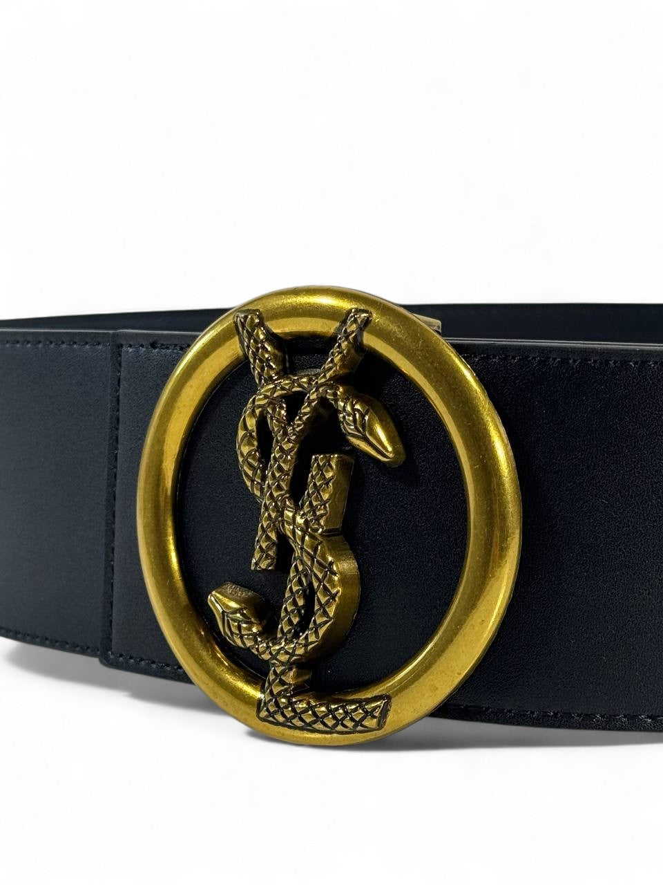 🖤 Saint Laurent Wide Black Leather Belt – Gold Snake YSL Logo Buckle (125cm)