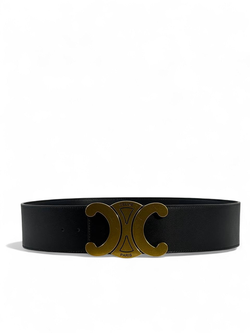 🖤 Celine Paris Black Leather Belt – Gold Triomphe Buckle Luxury (110cm)