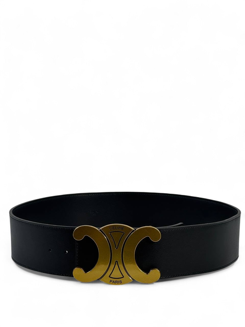 🖤 Celine Paris Black Leather Belt – Gold Triomphe Buckle Luxury (110cm)