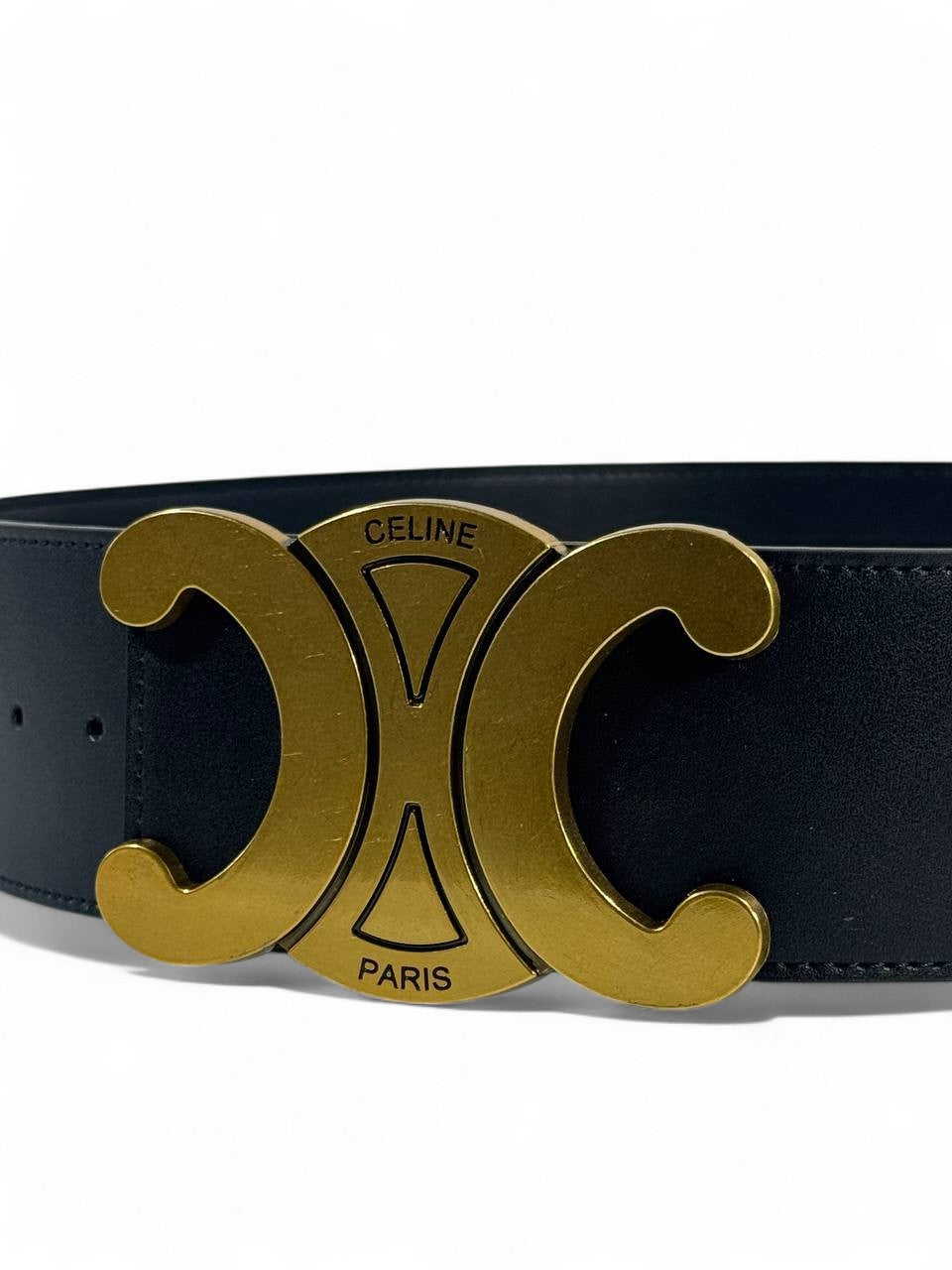 🖤 Celine Paris Black Leather Belt – Gold Triomphe Buckle Luxury (110cm)