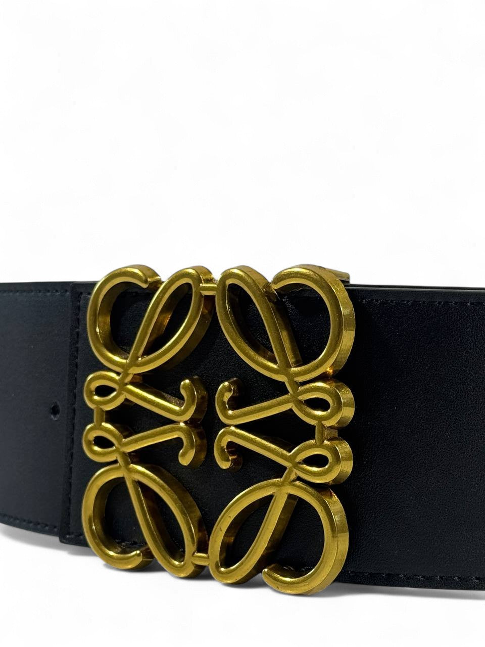 🖤 Loewe Black Wide Leather Belt – Iconic Anagram Gold Buckle (120cm)