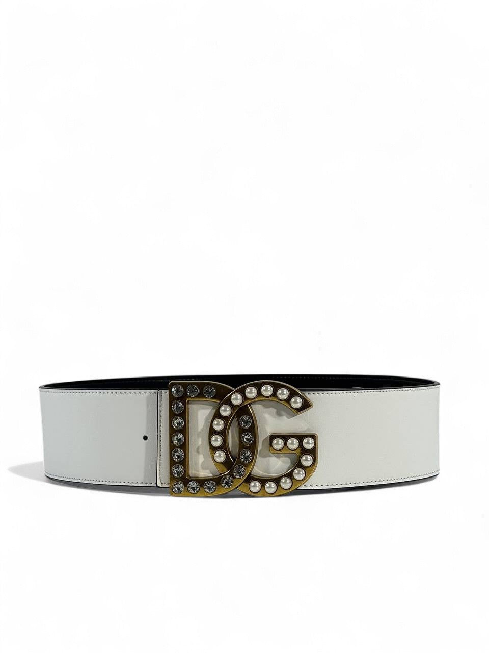 🤍 Dolce & Gabbana White Leather Belt – DG Pearl & Crystal Gold Buckle (115cm)