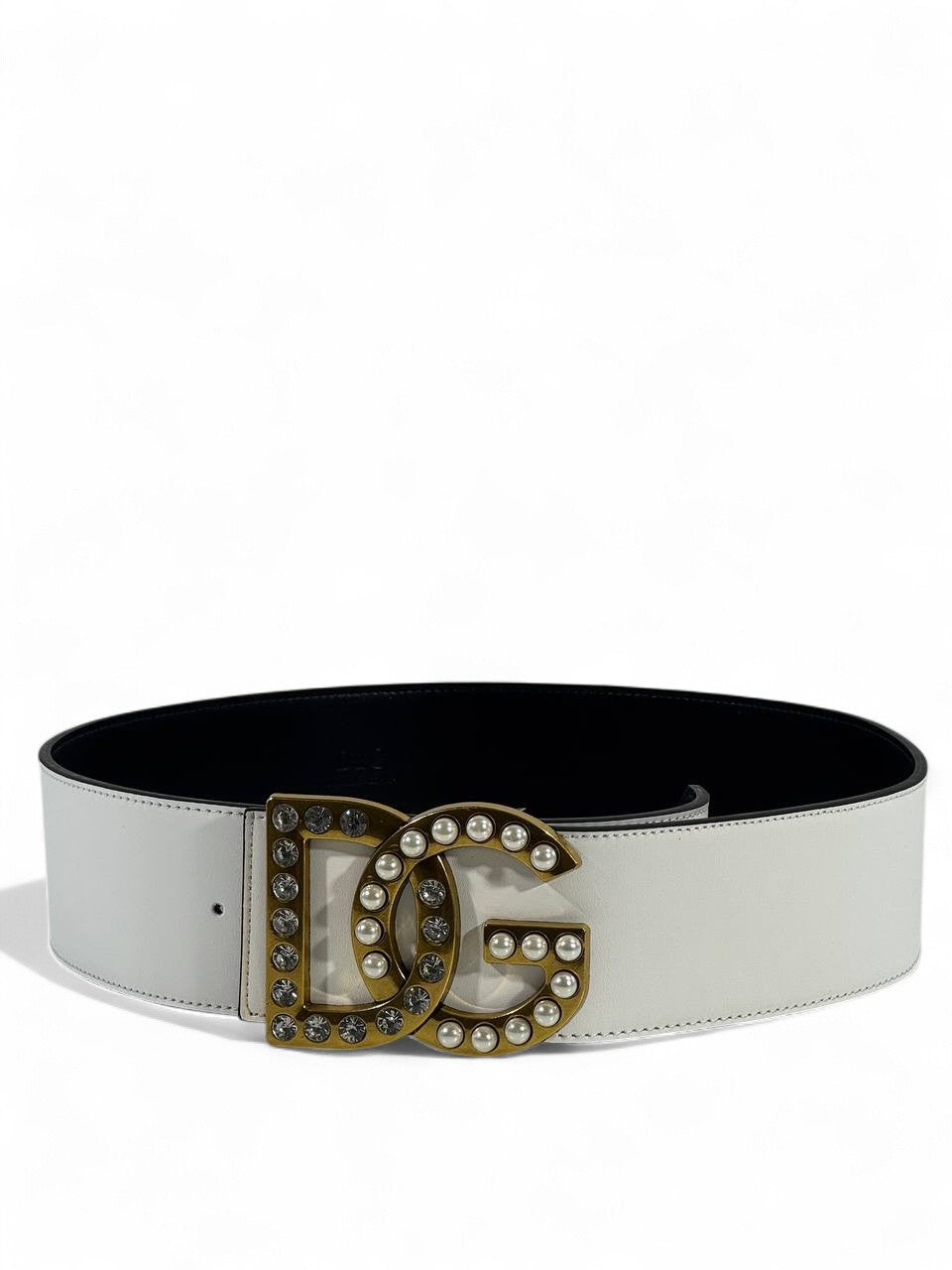🤍 Dolce & Gabbana White Leather Belt – DG Pearl & Crystal Gold Buckle (115cm)