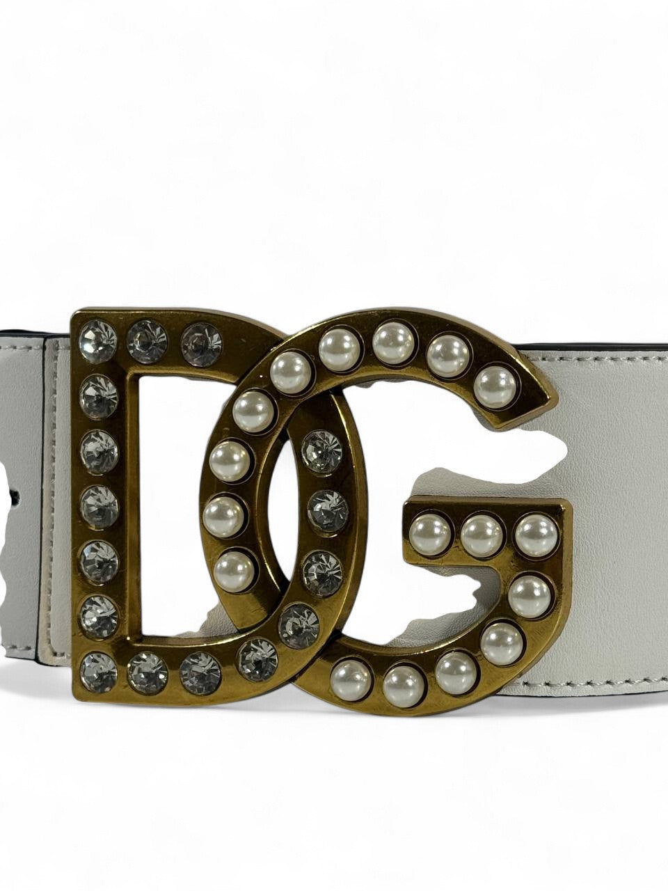 🤍 Dolce & Gabbana White Leather Belt – DG Pearl & Crystal Gold Buckle (115cm)