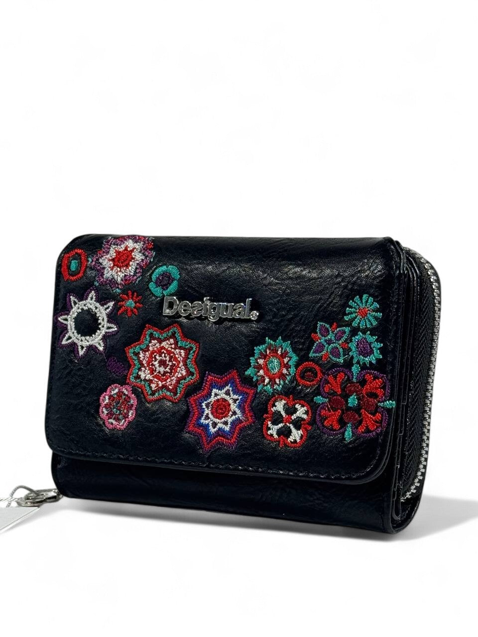 🎨 Desigual Black Embroidered Floral Wallet – Boho Chic & Artistic