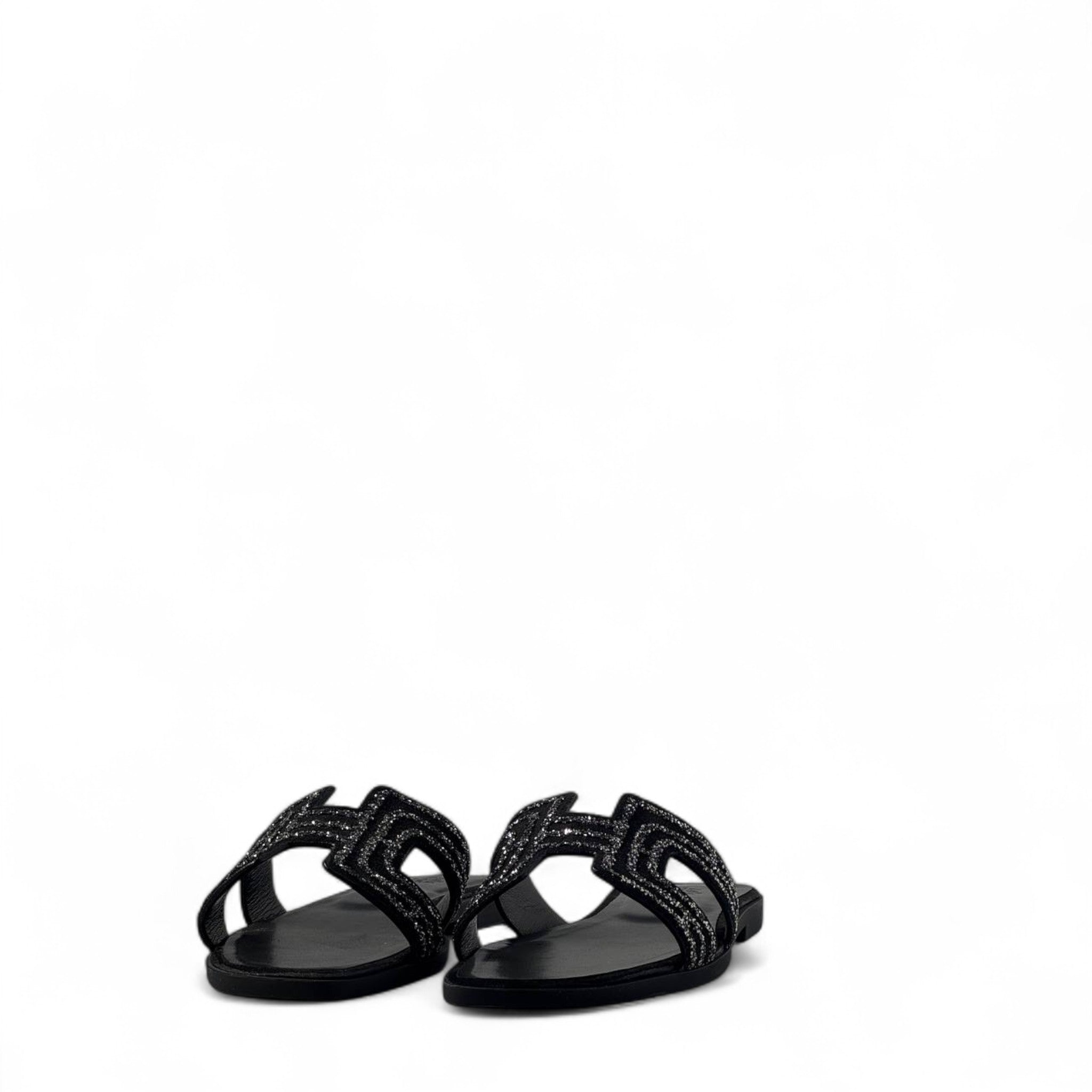 Hermès-Inspired Black Glitter Slippers ✨ – Luxury H Sandals with Box