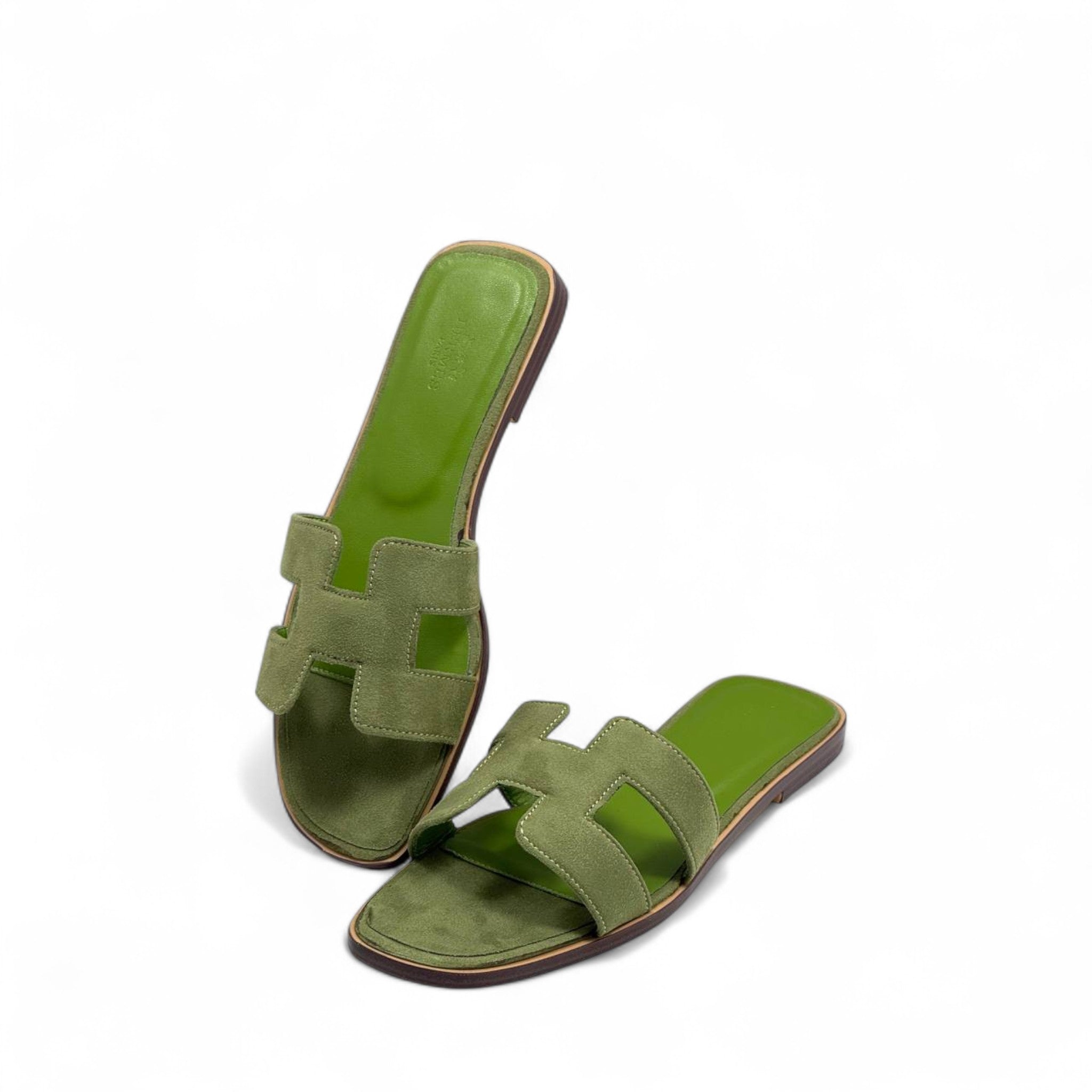Hermès H-Style Suede Slippers – Olive Green Luxe Flats 🌿