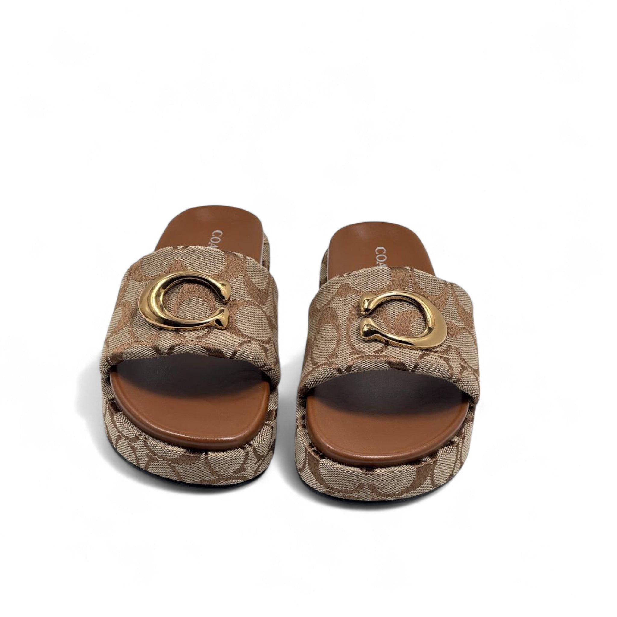 Coach Signature C Platform Slippers – Gold Buckle Charm ✨