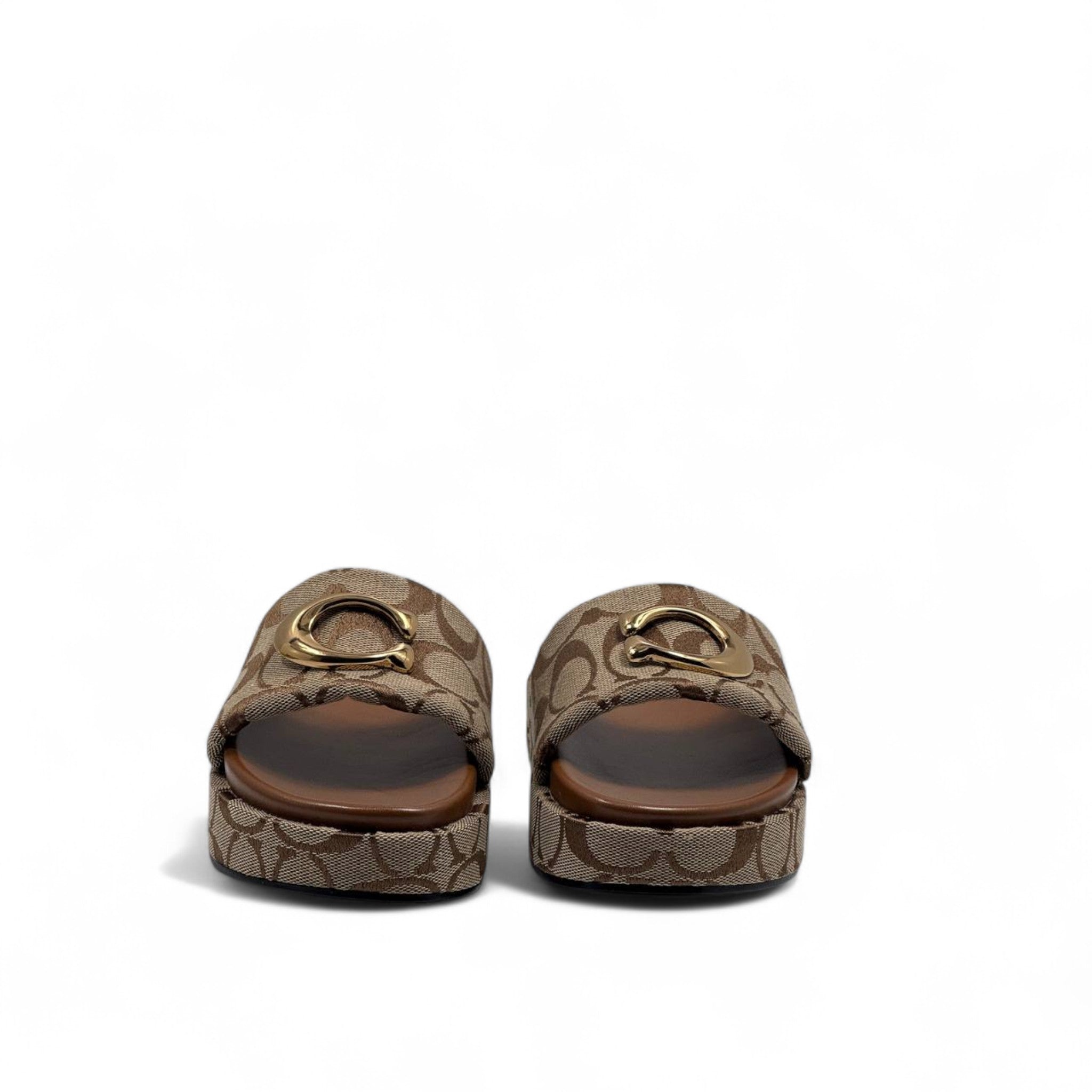 Coach Signature C Platform Slippers – Gold Buckle Charm ✨