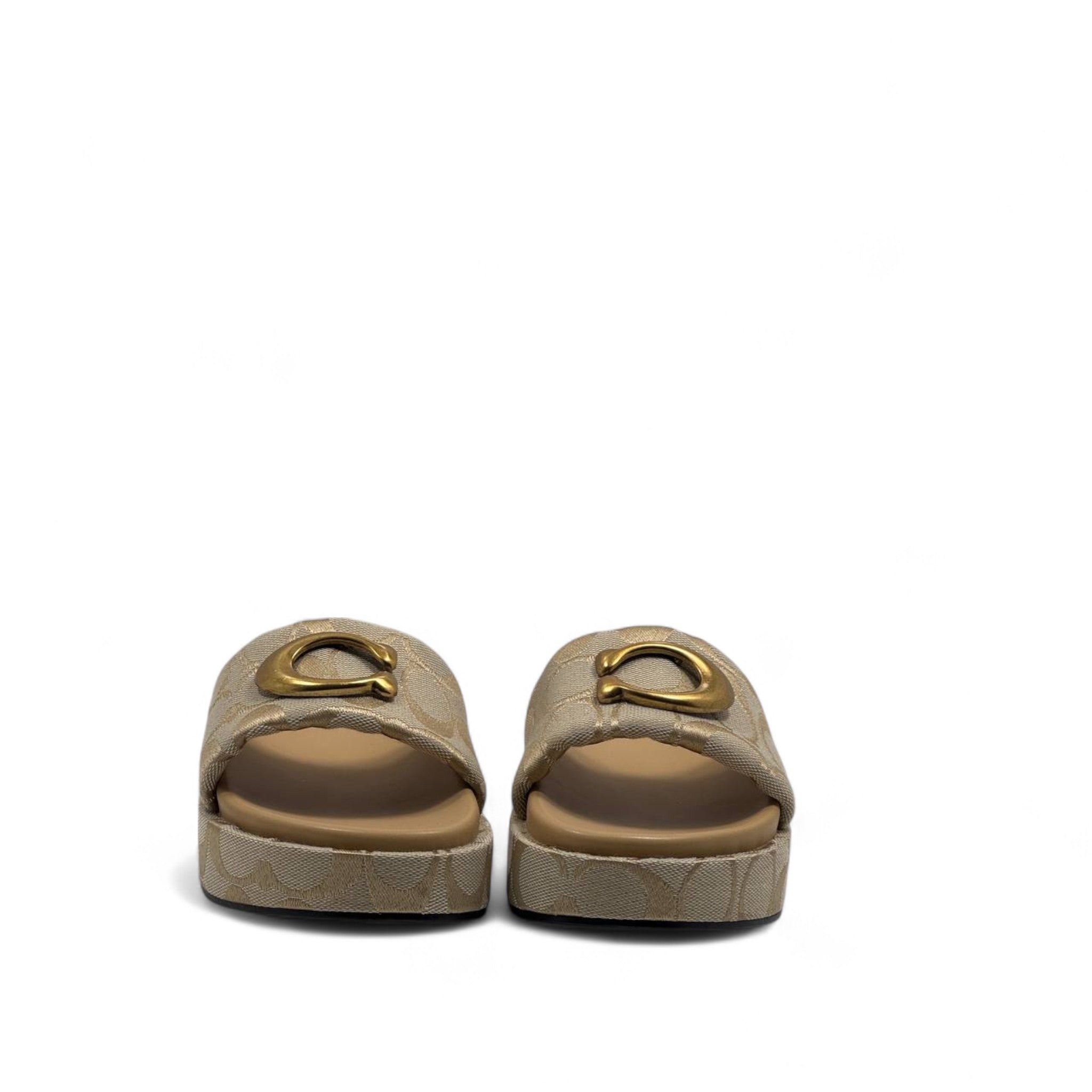 Coach Beige Signature C Platform Slippers – Gold Emblem Elegance ✨