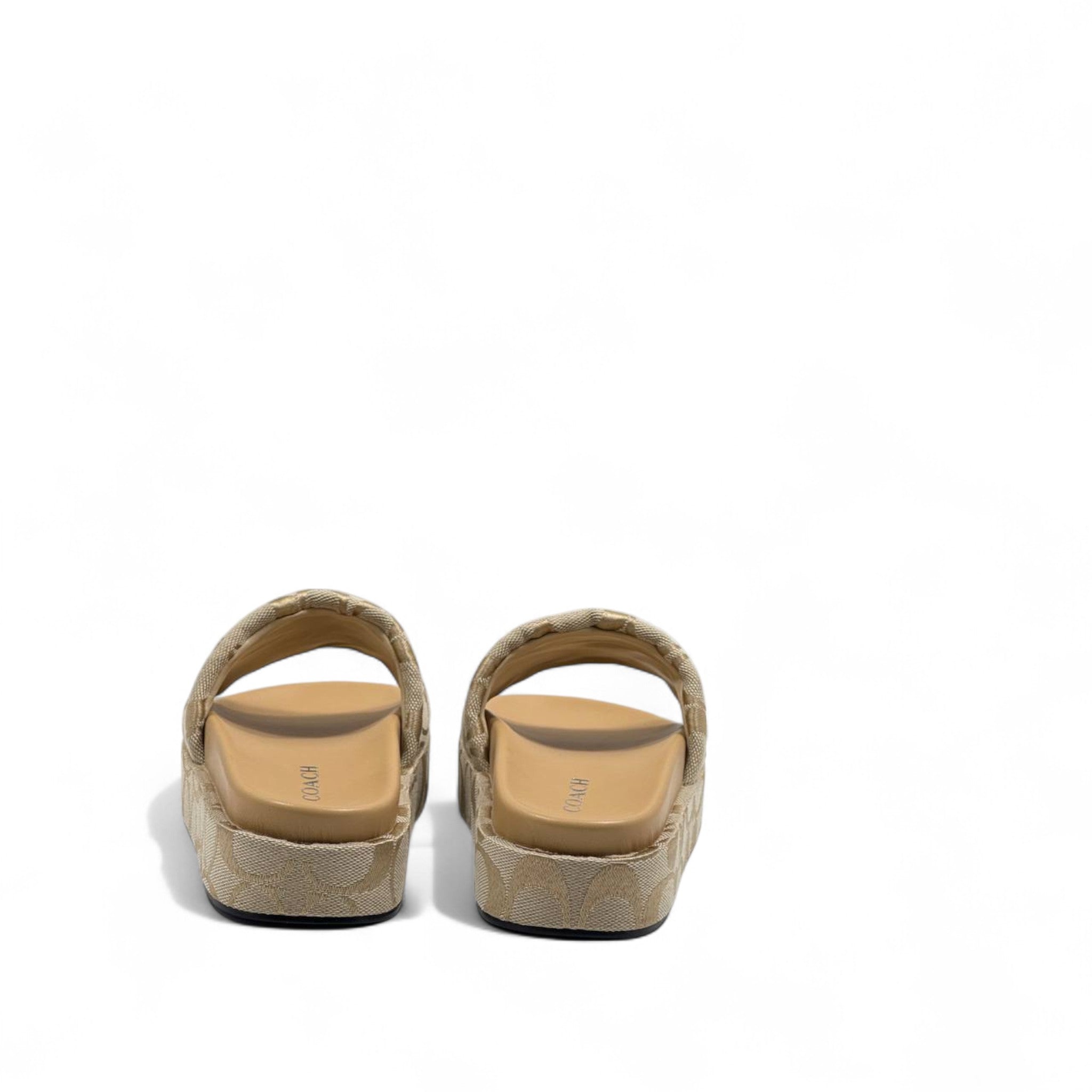 Coach Beige Signature C Platform Slippers – Gold Emblem Elegance ✨