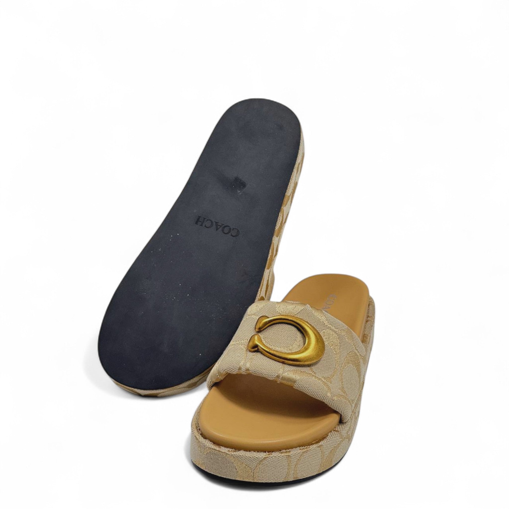 Coach Beige Signature C Platform Slippers – Gold Emblem Elegance ✨