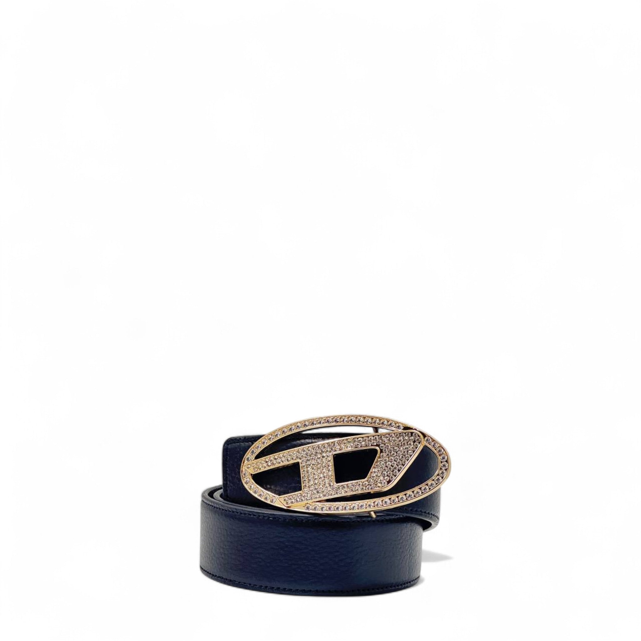 Diesel Black Leather Belt with Crystal D Buckle – 130cm with Box 💎