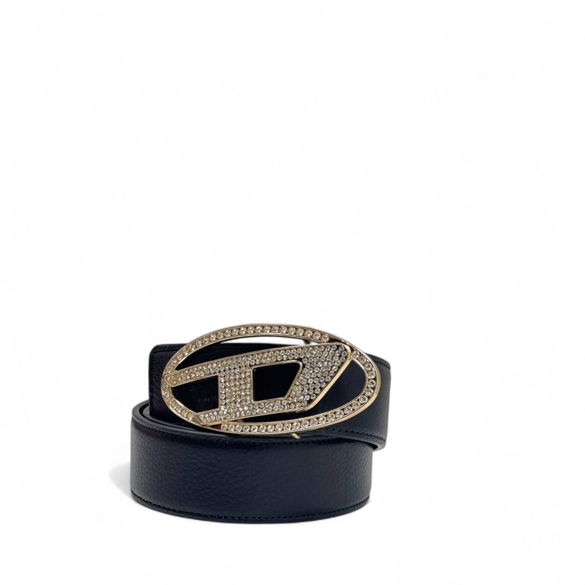 Diesel Black Leather Belt with Crystal D Buckle – 130cm with Box 💎