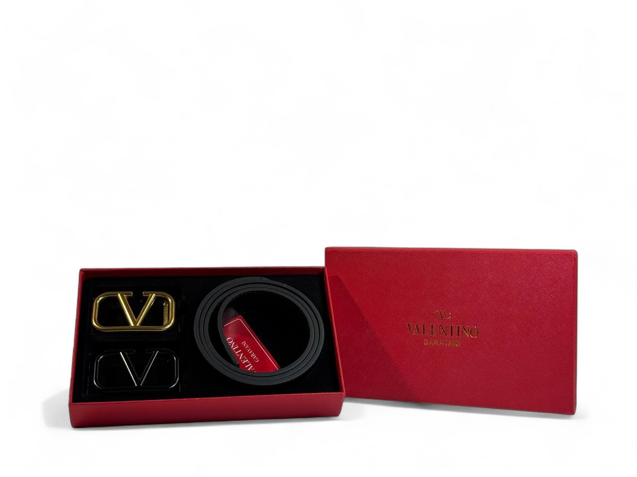 Valentino Garavani Belt Set 🖤✨ | 115 cm • Gold & Black “V” Buckles • Signature Red Gift Box