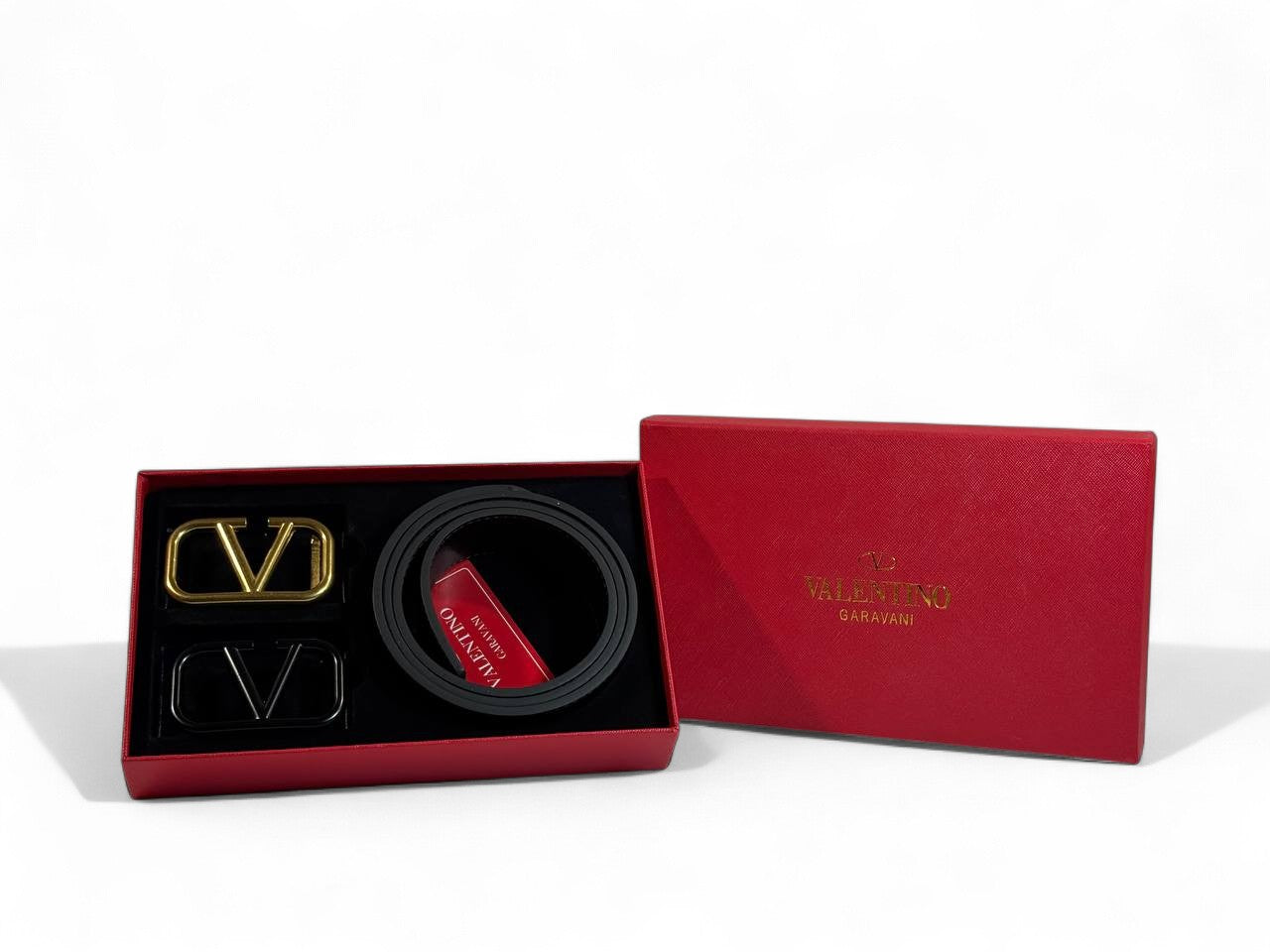 Valentino Garavani Belt Set 🖤✨ | 115 cm • Gold & Black “V” Buckles • Signature Red Gift Box