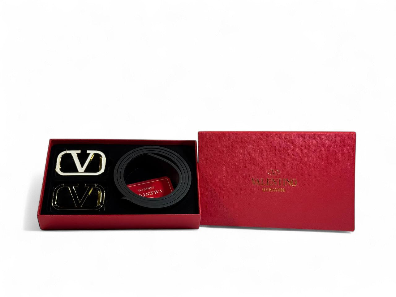 Valentino Garavani Belt Set 🖤✨ | 120 cm • Gold & Black “V” Buckles • Signature Red Gift Box