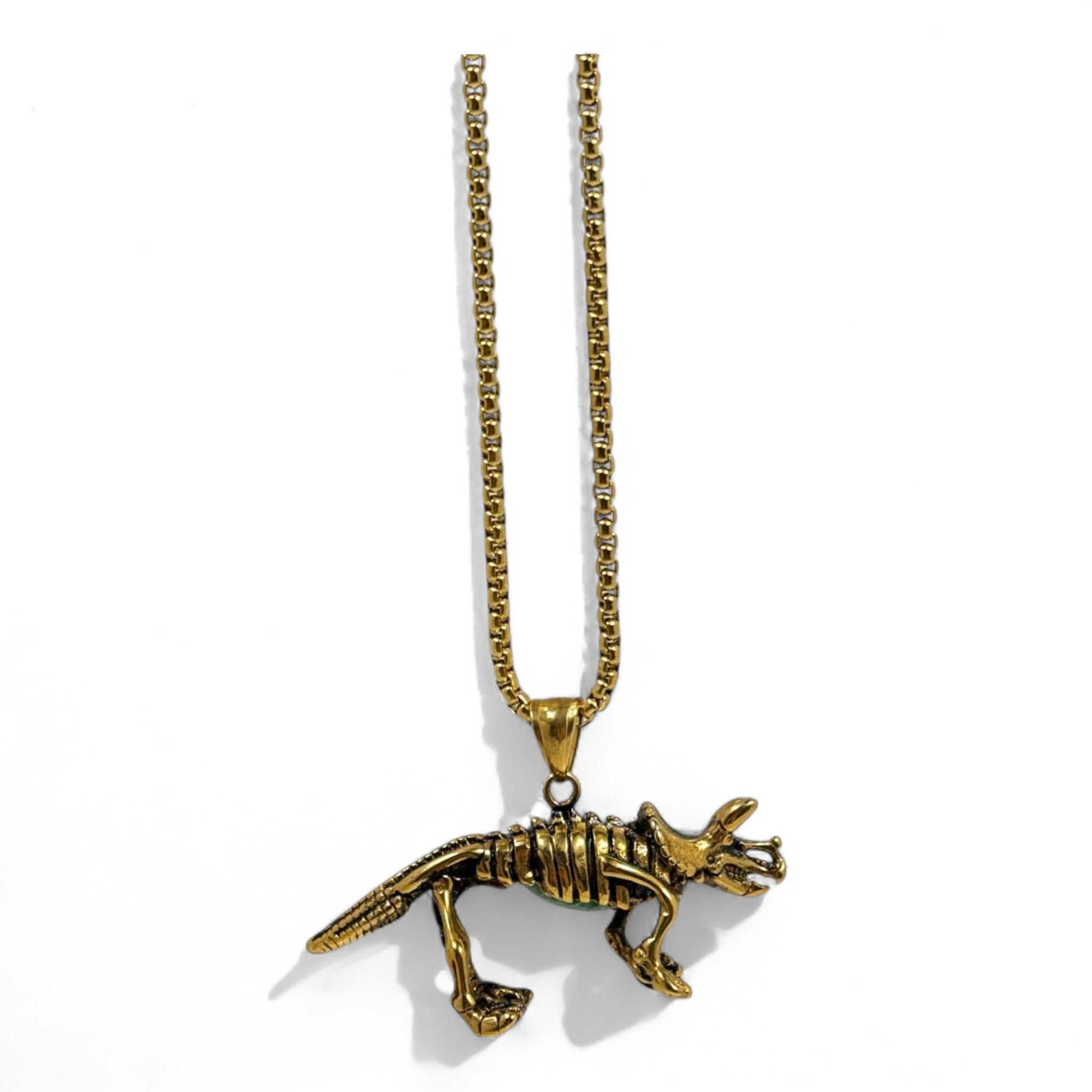 🦖 Prehistoric Power – Gold Dino Skeleton Pendant | Stainless Steel | 40cm