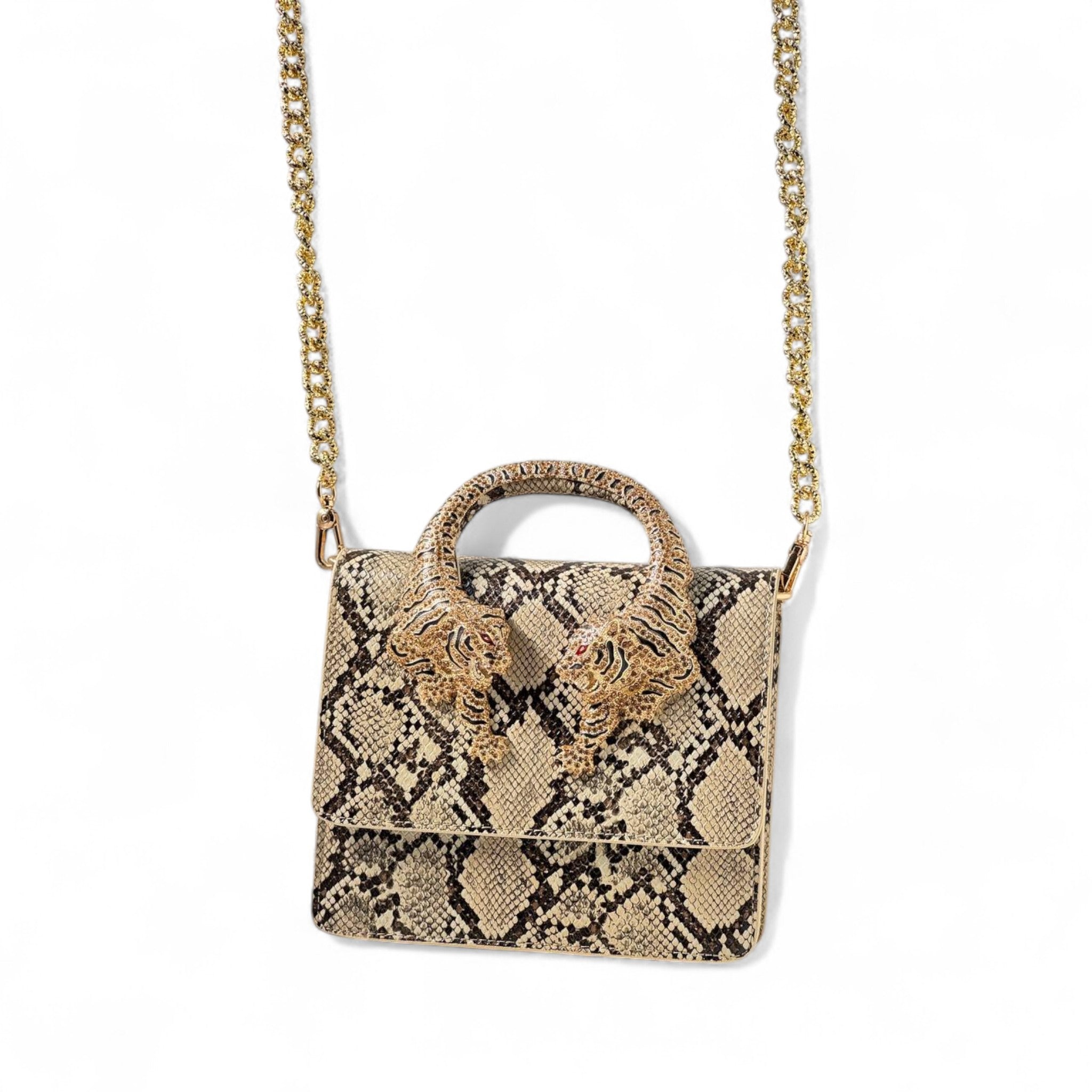 🐍 Roberto Cavalli Python Tiger Handle Bag – Jeweled Top Handle & Gold Chain | Exotic Statement Piece