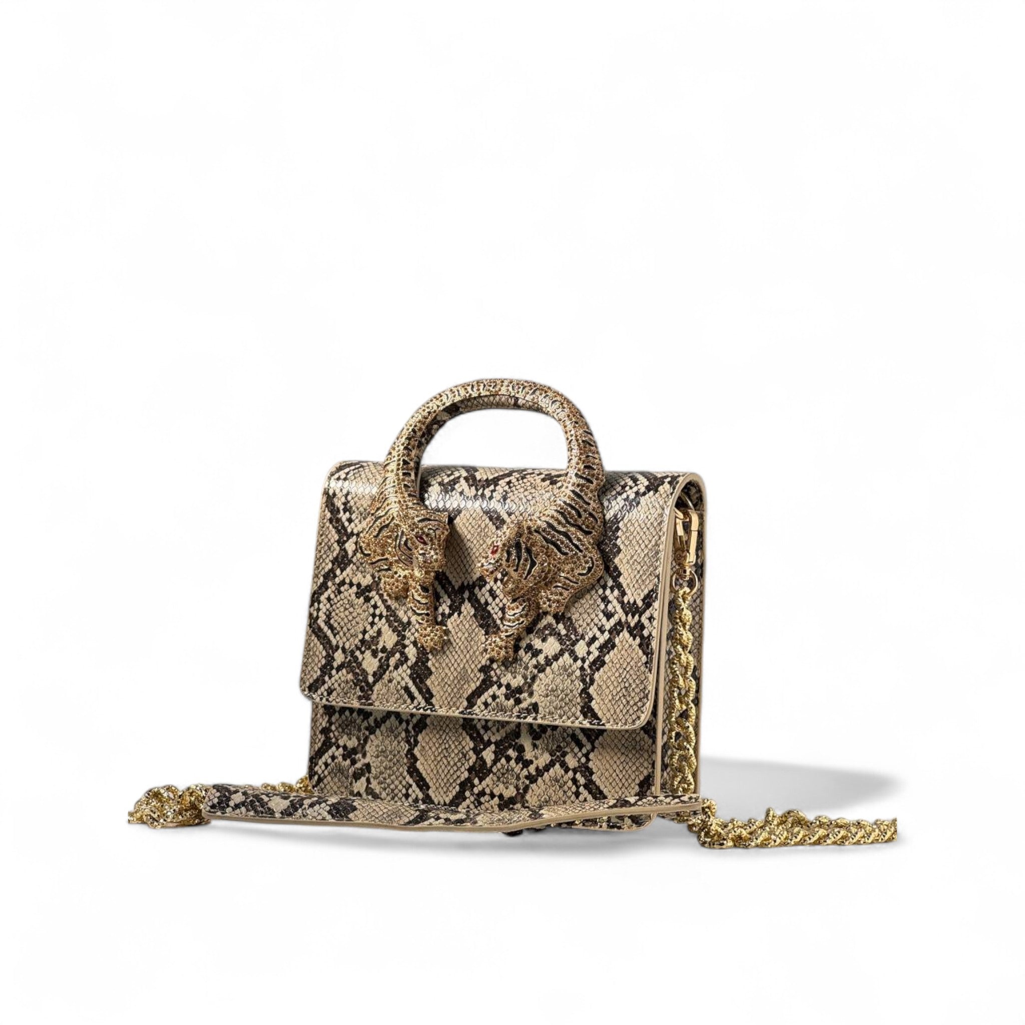 🐍 Roberto Cavalli Python Tiger Handle Bag – Jeweled Top Handle & Gold Chain | Exotic Statement Piece