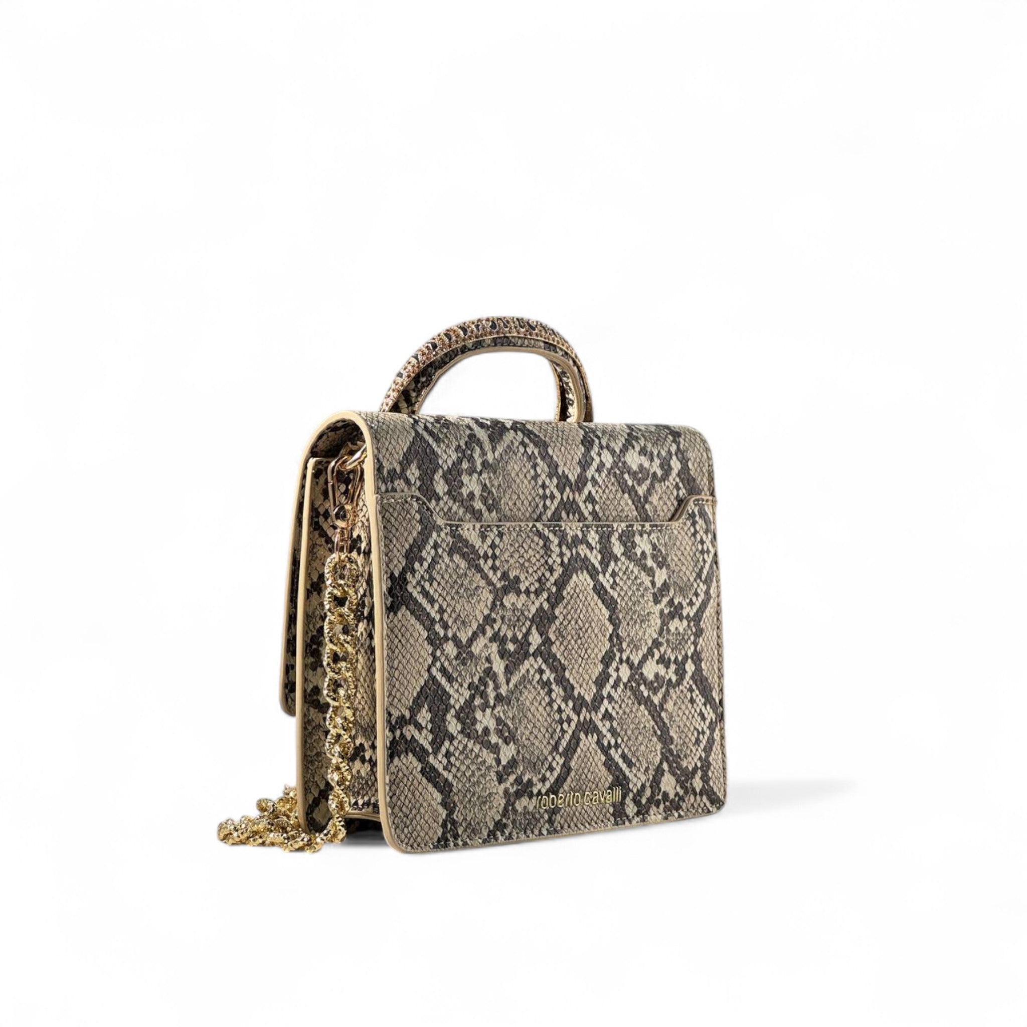 🐍 Roberto Cavalli Python Tiger Handle Bag – Jeweled Top Handle & Gold Chain | Exotic Statement Piece
