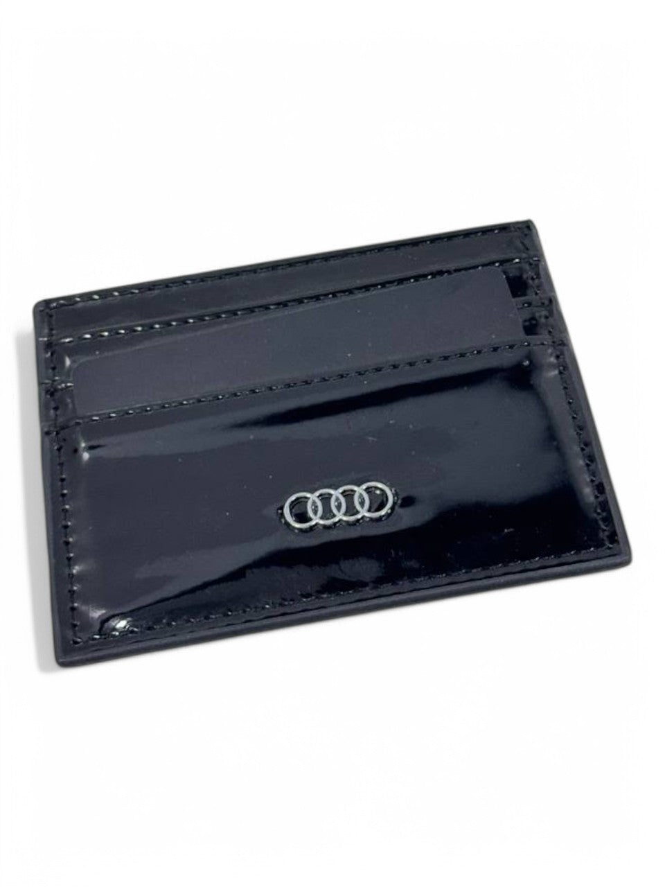 Audi Glossy Black Leather Card Holder – Luxury Slim Wallet with Silver Logo | Premium Auto Accessory