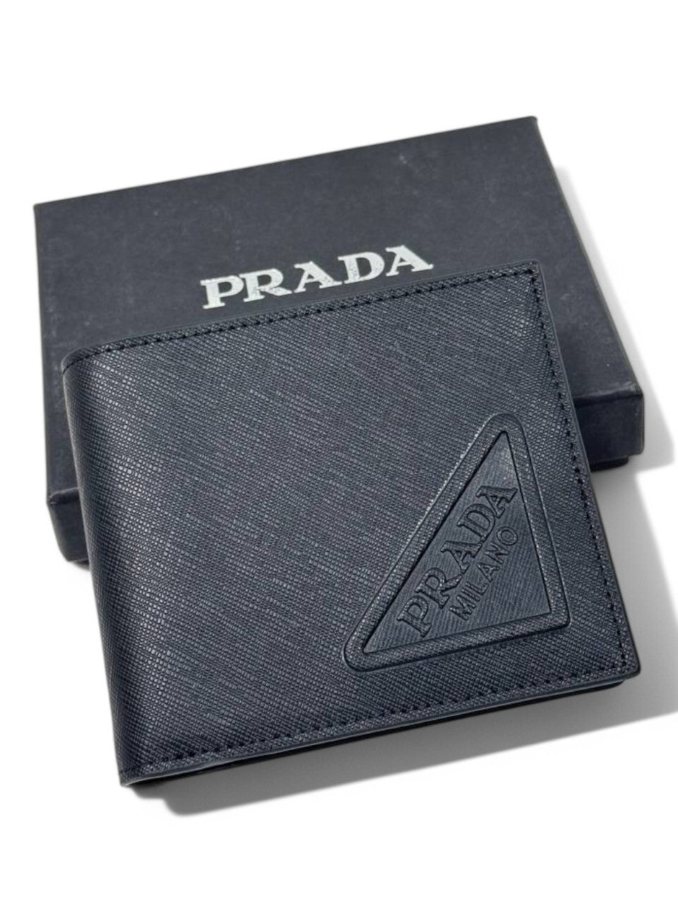 Prada Black Saffiano Leather Wallet – Men’s Bi-Fold Slim Wallet with Embossed Triangle Logo & Gift Box