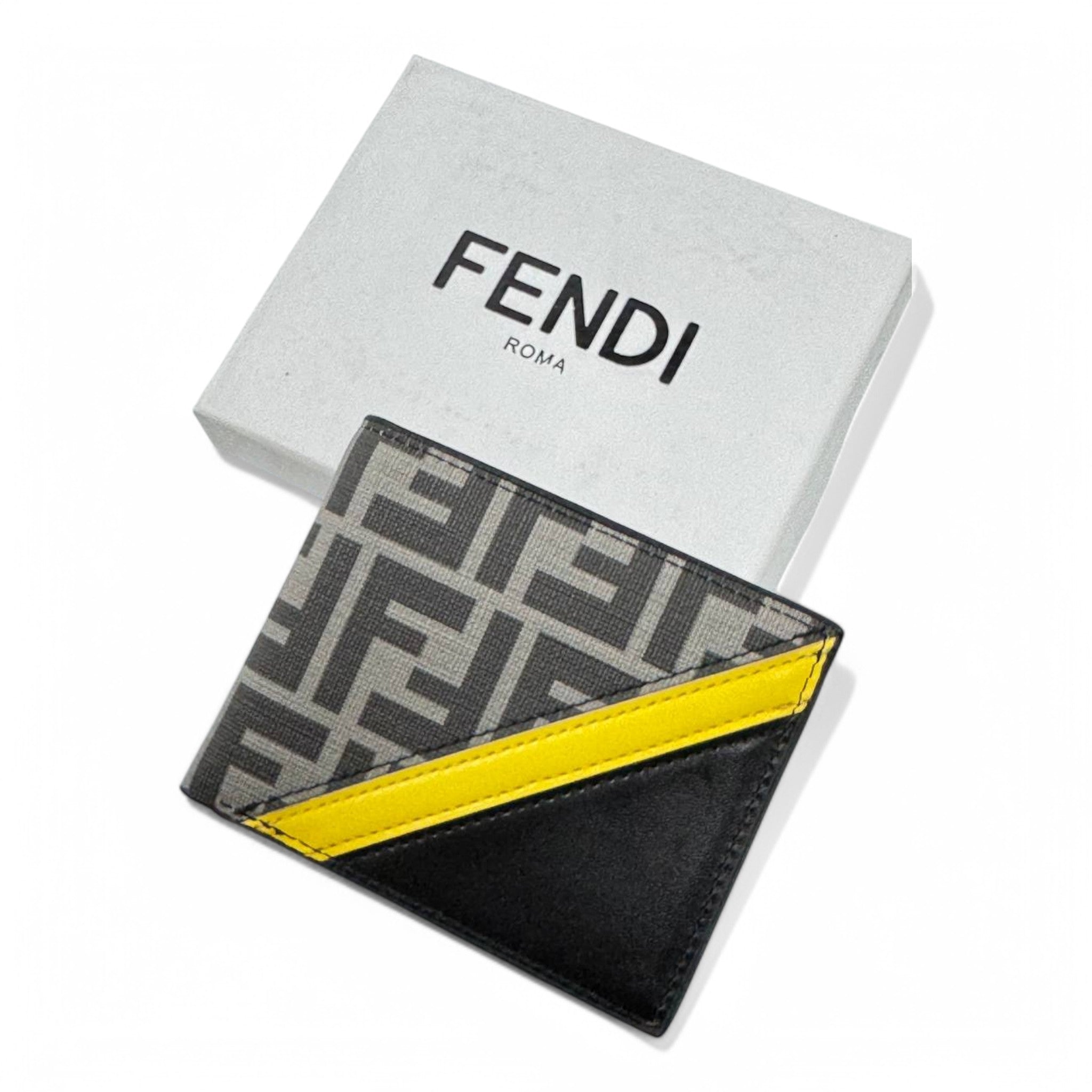 Fendi Bifold Wallet – FF Logo Canvas with Yellow & Black Leather Detail