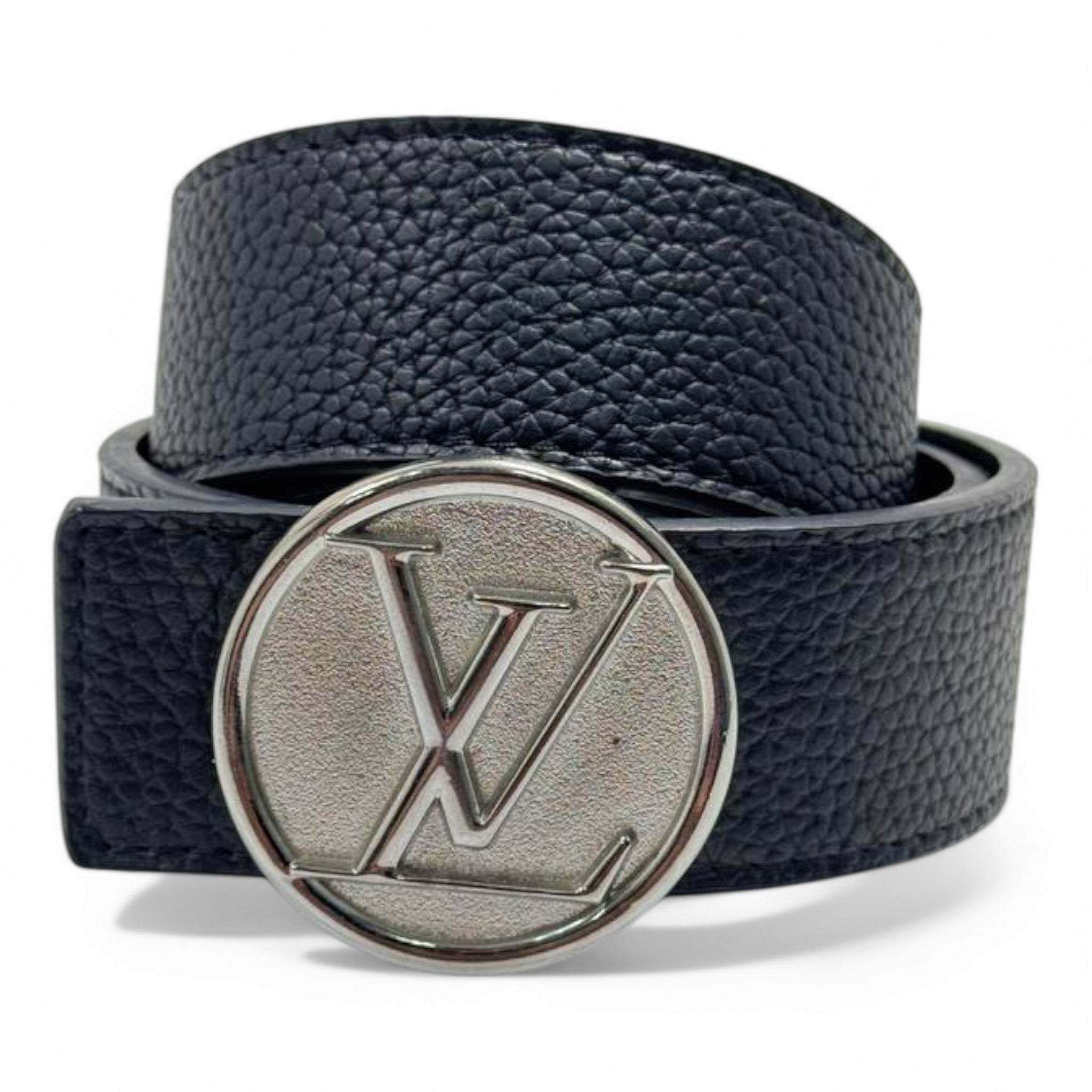 Louis Vuitton Pebbled Black Leather Belt with Round Silver LV Buckle