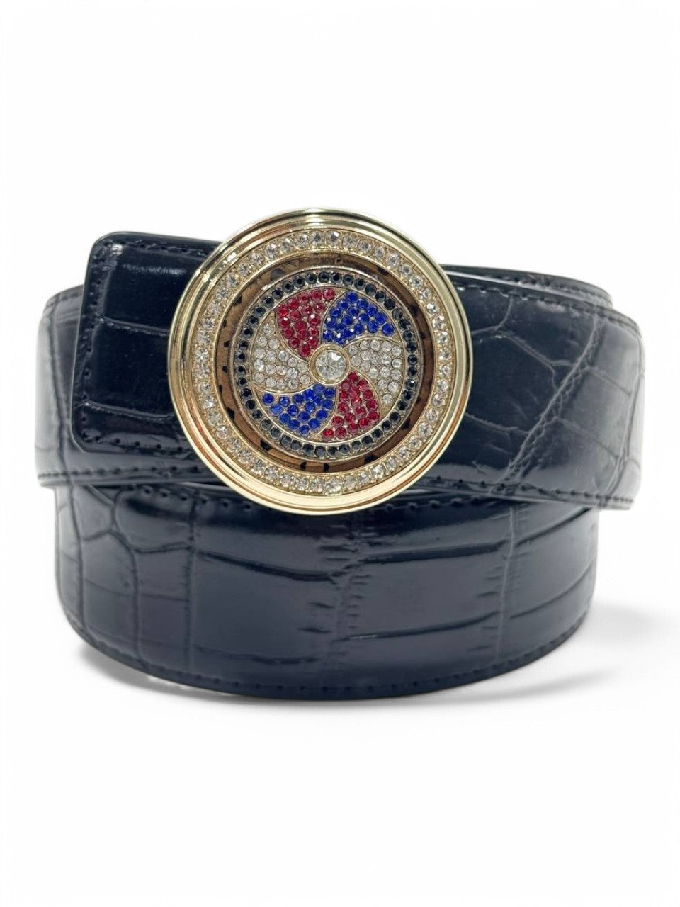Luxury Spinner Buckle Belt with Multicolor Crystal Inlay – Black Croc Embossed Leather