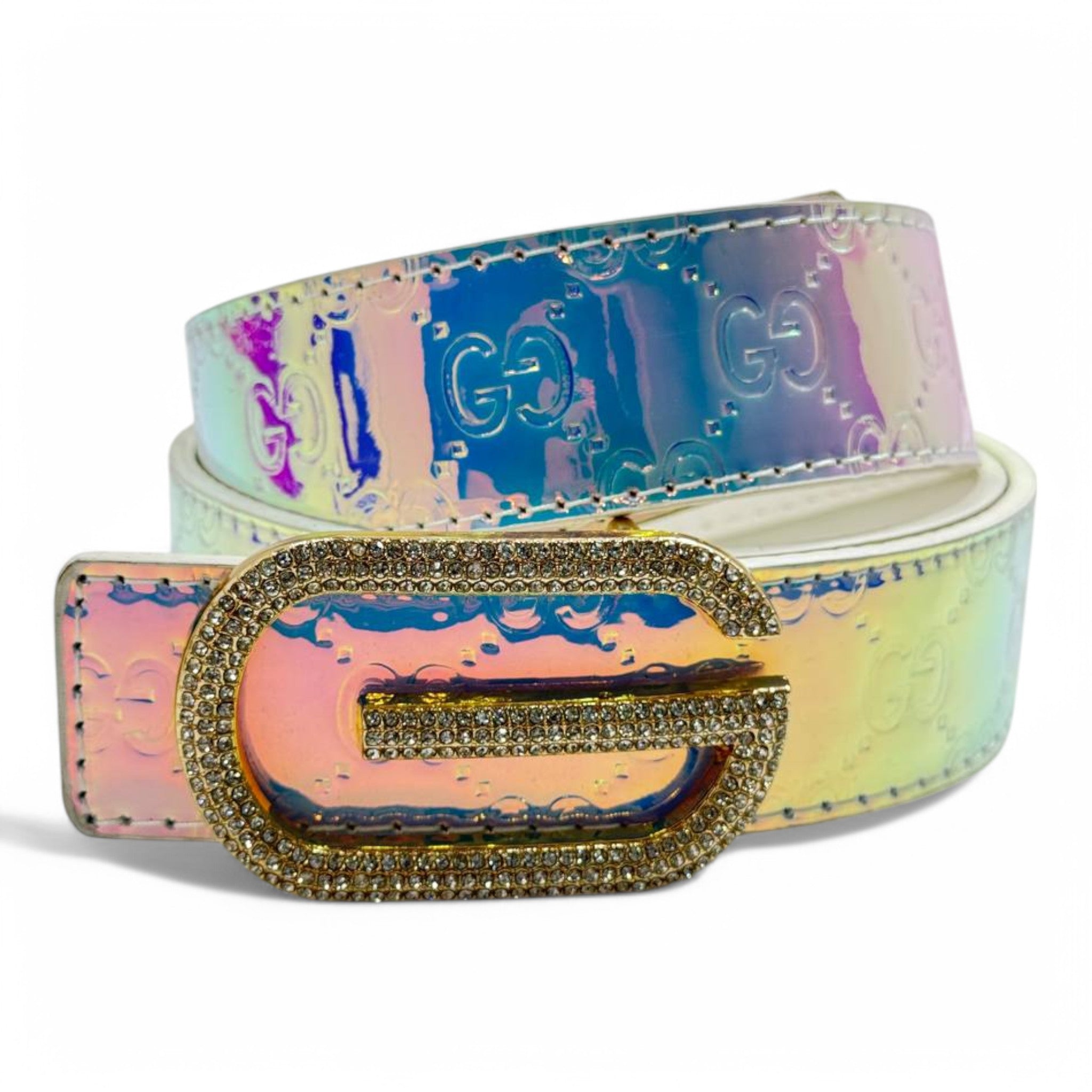 Iridescent GG Embossed Belt with Crystal-Encrusted Buckle