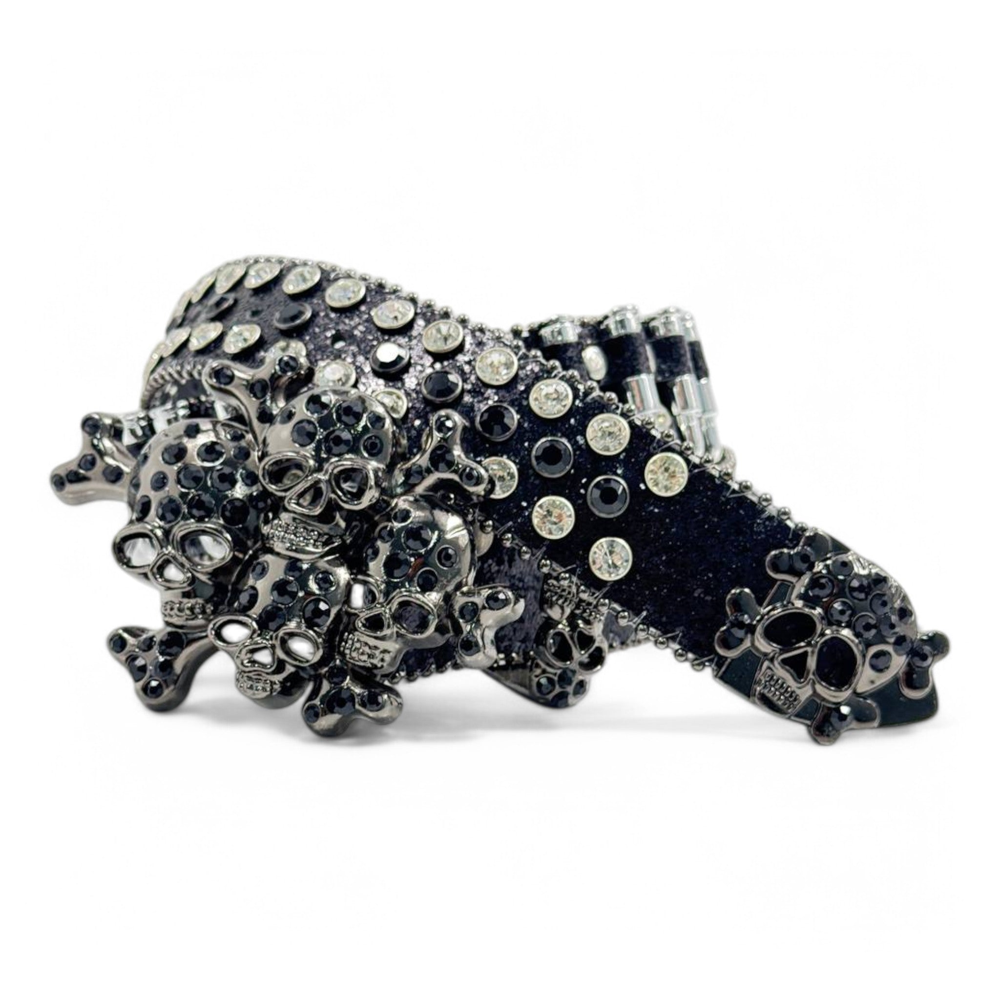Gothic Black Rhinestone Skull Belt with Bullet Detailing