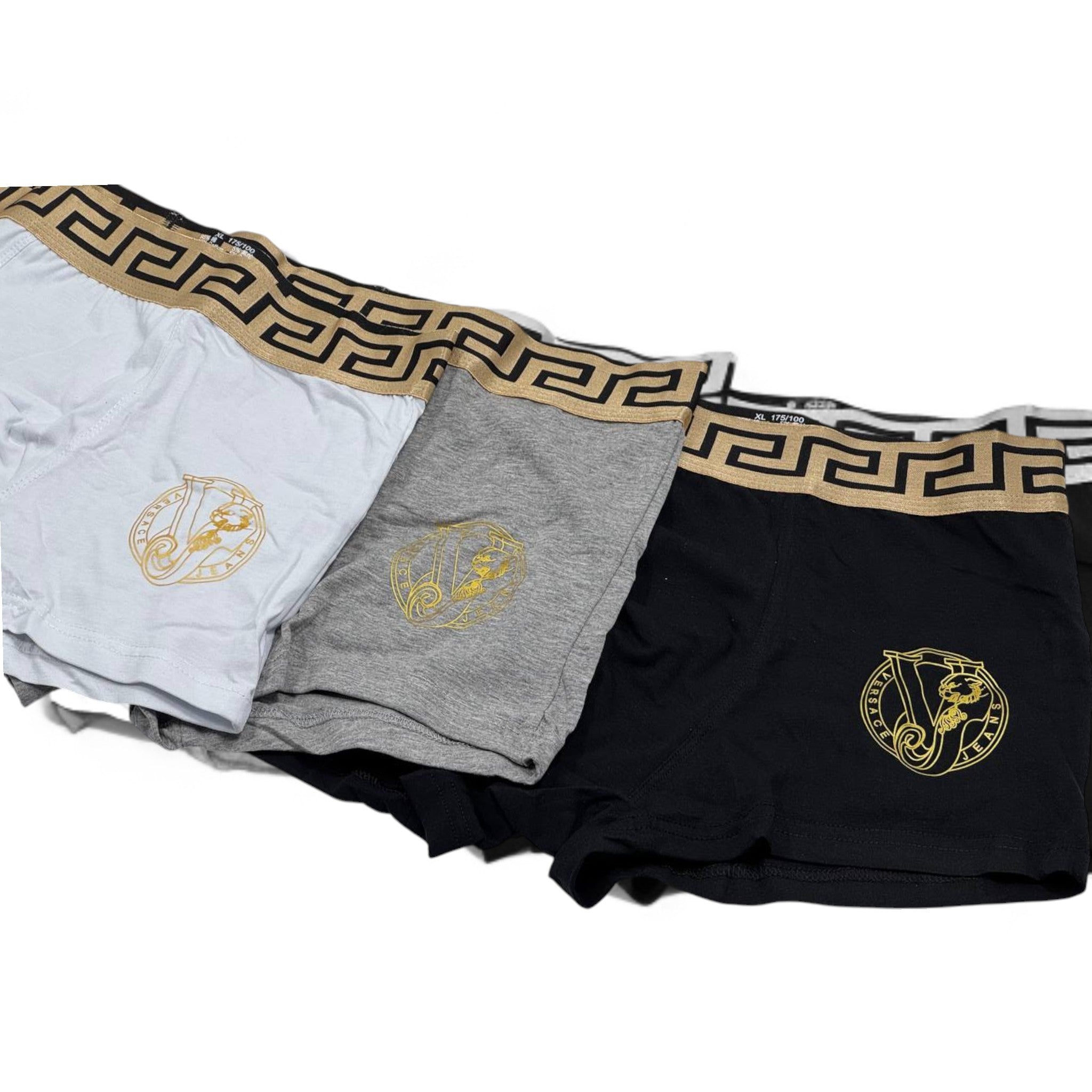 🖤 Versace Men’s Boxer Set – 3-Pack Gold Medusa Waistband (Black, Grey, White) 👑